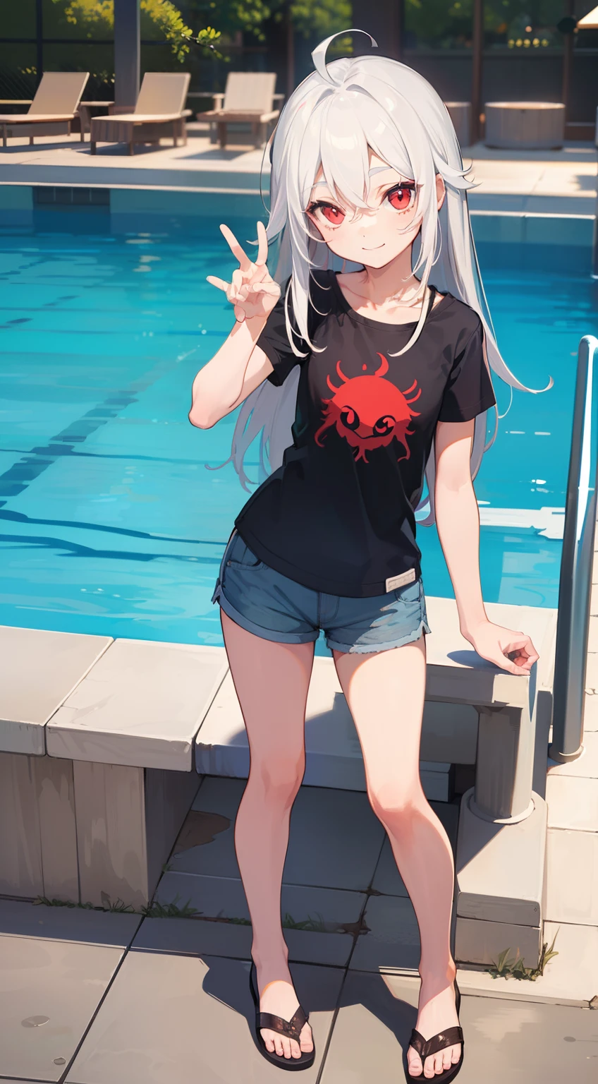 ((masterpiece)), ((high detail)), 1girl, ((ultra-detailed)),((delicate face)), Beautiful detailed eyes, doff red eyes, gradient hair,hairs between eyes,white hair, long hair,red eyes,genshin_impact,pool background, standing, smiling face,((Happy face)),((ahoge)), character design, full body, deep red eyes,((cunny)), 4 pose, character sheet, Shorts, home t-shirt,((flat chest)),