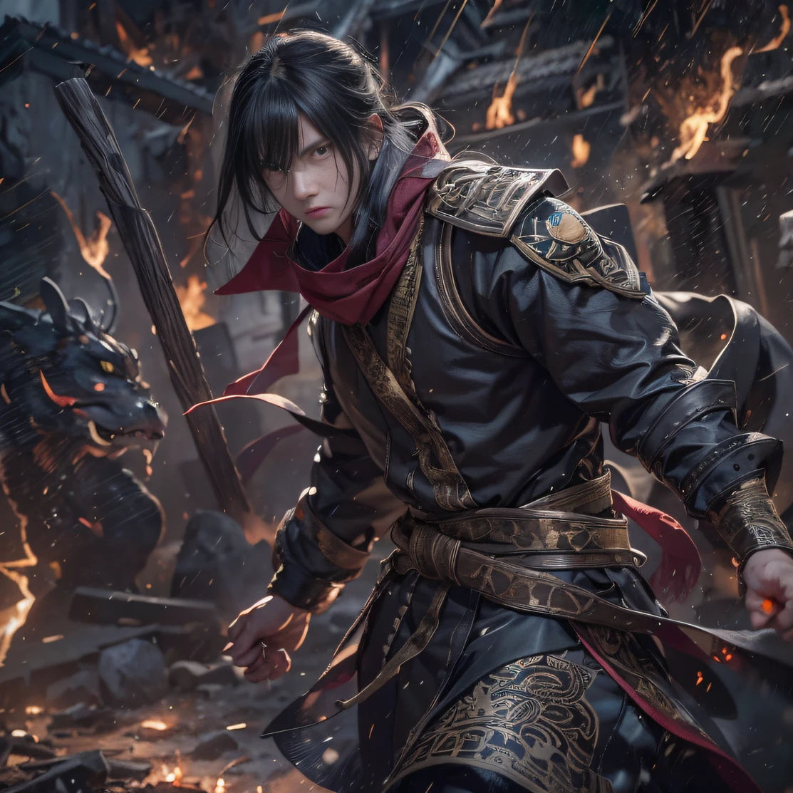 （废墟）eyes filled with angry，He clenched his fists，Rush up，Deliver a fatal blow to your opponent，full bodyesbian，Full Body Male Mage 32K（tmasterpiece，k hd，hyper HD，32K）Long flowing black hair，Campsite size，zydink， a color， patriot （废墟）， （Linen batik scarf）， Angry fighting stance， looking at the ground， Batik linen bandana， Chinese python pattern long-sleeved garment， （Abstract propylene splash：1.2）， Dark clouds lightning background，Flour flies（realisticlying：1.4），Black color hair，Flour fluttering，Background fog， A high resolution， the detail， RAW photogr， Sharp Re， Nikon D850 Film Stock Photo by Jefferies Lee 4 Kodak Portra 400 Camera F1.6 shots, Rich colors, ultra-realistic vivid textures, Dramatic lighting, Unreal Engine Art Station Trend, cinestir 800，Flowing black hair,（（（Male mage））），The male mage was furious，