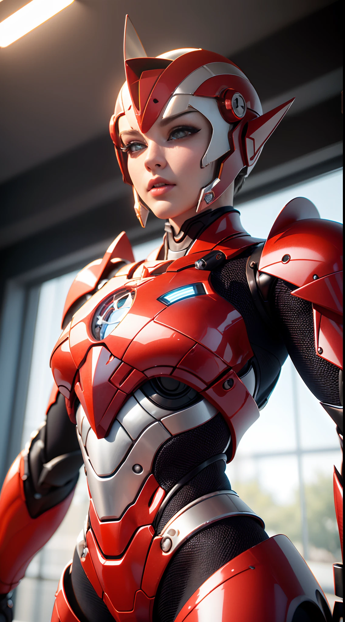 masterpiece，Best quality at best，A high resolution，realistic，upper body，
1 girl，s Ultraman，Red five-pointed starry eyes，Pentagram color timer，looking at the viewer，Red color，Power armor，fully shielded，（semi transparent：1.4），（lascivious poses：1.1），Biomechanicals，
mini city，Reflective metal，lighting dramatic，..3d，Ultra - Detailed，rendering by octane，