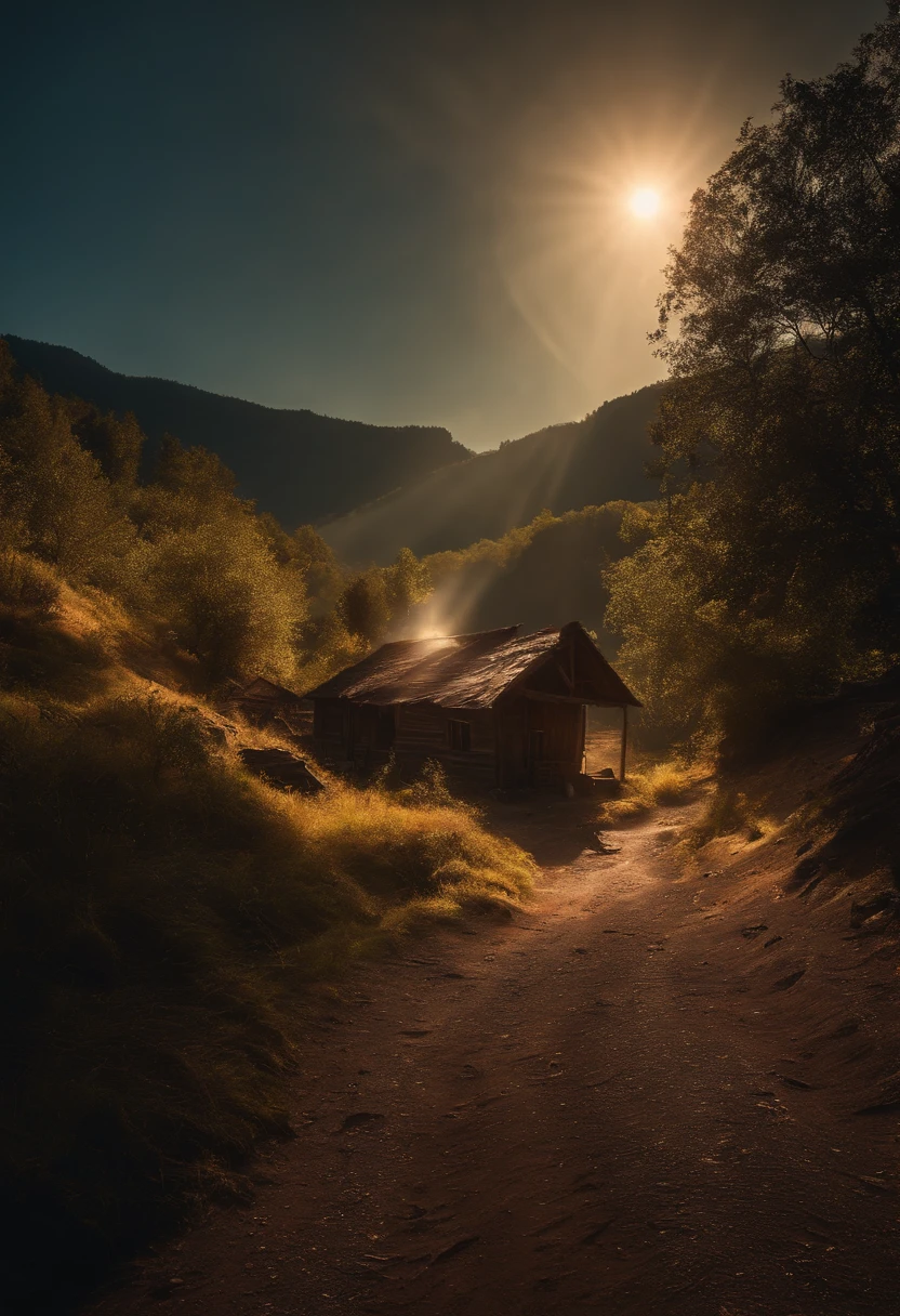 village remote area, location of unused mining area, lens flare, cinematic lighting, shallow area in centre