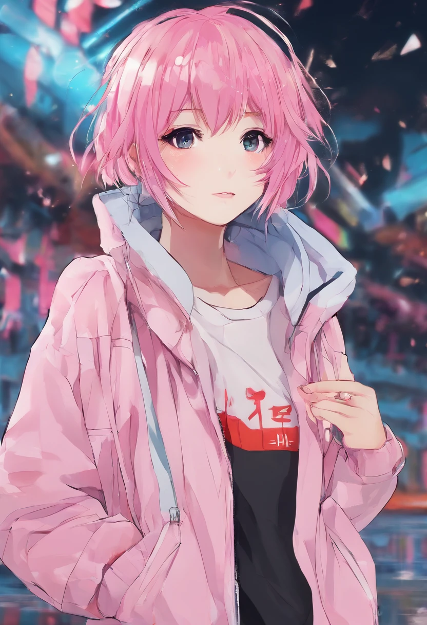 Uma menina fofa e com olhos azuis, cabelo rosa e comprido, wearing a pink jacket and jeans and holding a Prada bag.