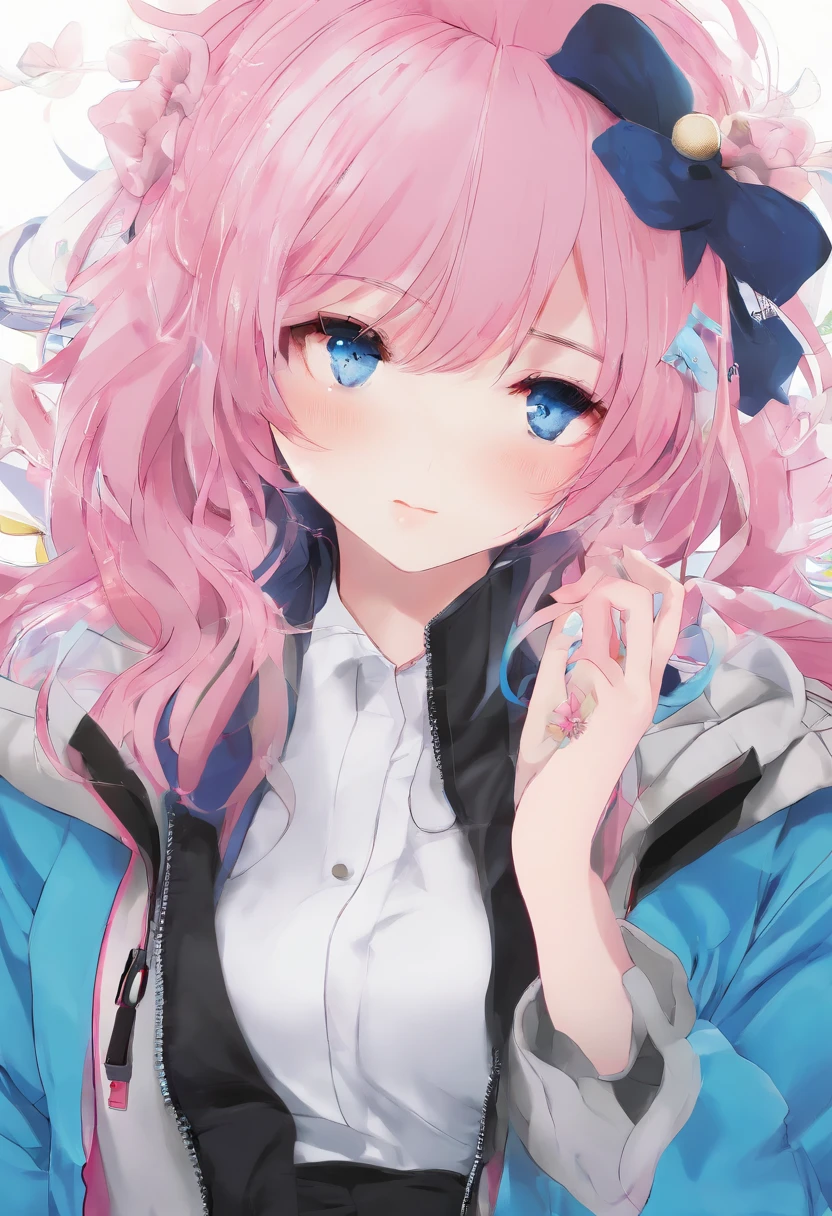 Anime - photo style girl with pink hair and blue jacket pose, style of anime4 K, Anime style. 8K, Guviz-style artwork, anime styled digital art, Digital anime illustration, realistic anime artstyle, Realistic anime 3 D style, Digital anime art, Anime art style, Guviz, Anime style portrait, Realistic anime art style,Bigchest