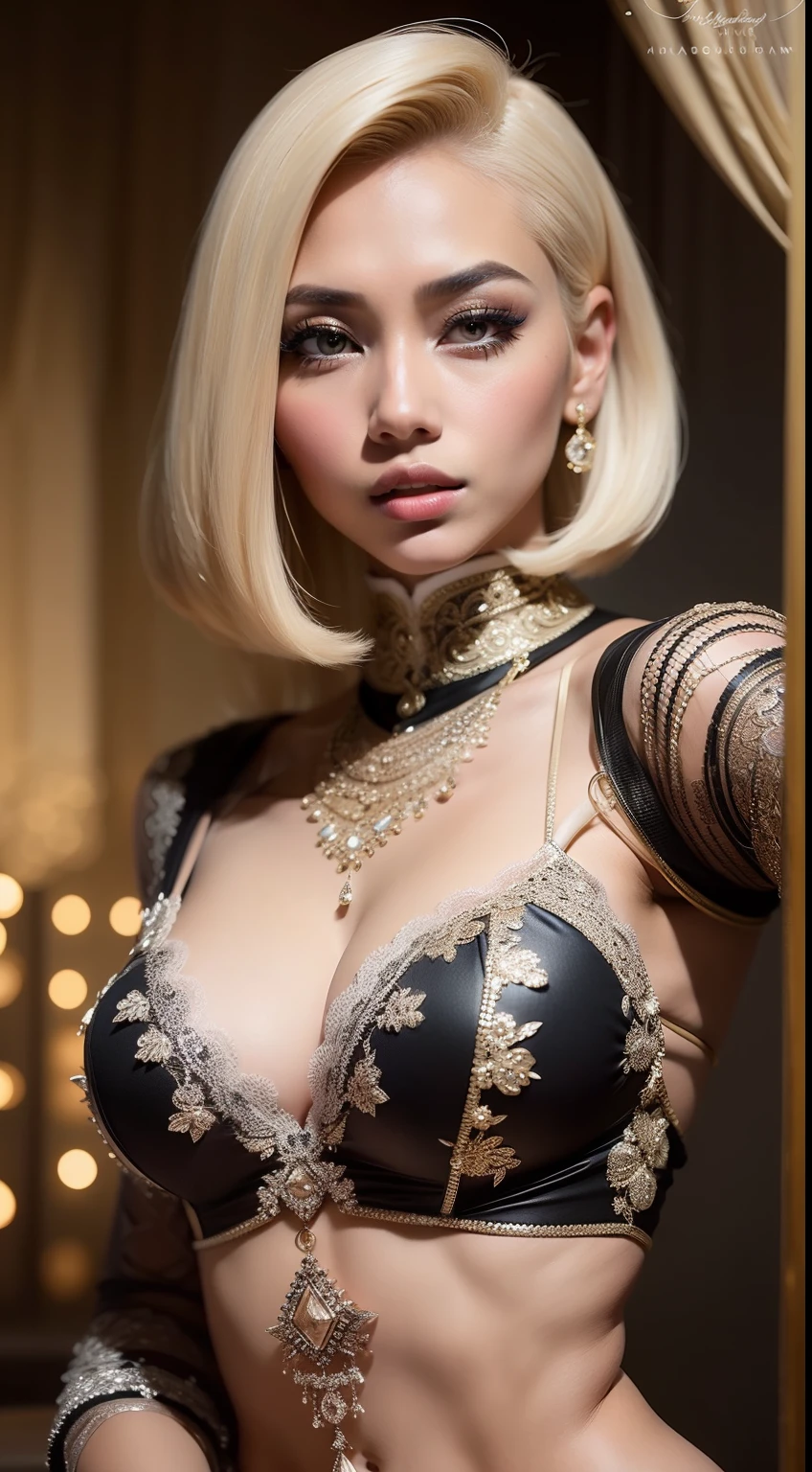 Design a sultry and glamorous portrait where the Malay woman exudes confidence and allure in a sensual outfit, long blonde hair, bob haircut with bangs, using dramatic lighting and poses to create a stunning and seductive atmosphere
