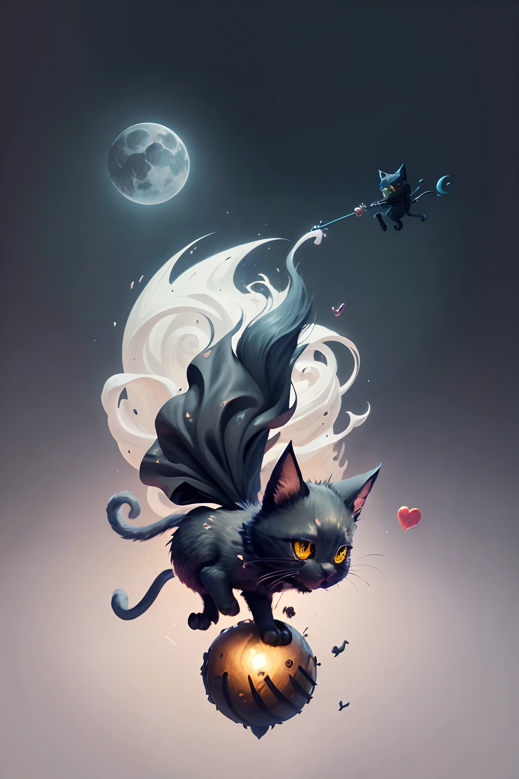An adorable black cat witch flying on broomsticks, on white back ground, fantasy illustration, cartoonish, printable