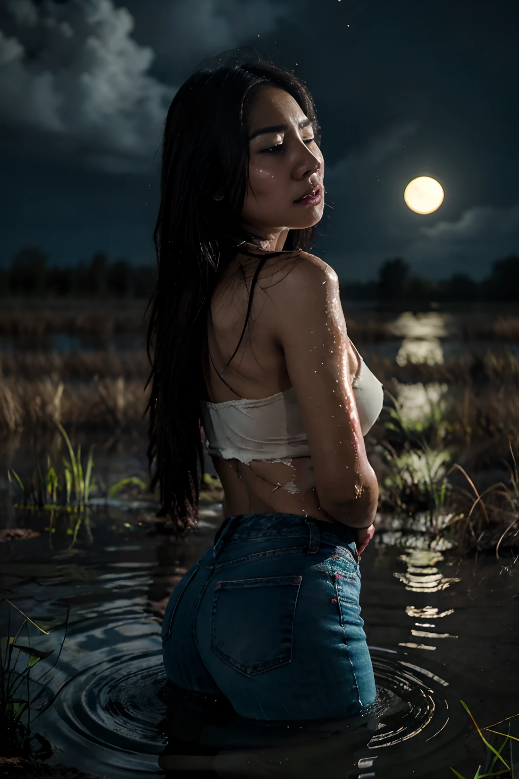 Dynamic frame, Molestation, Breaking taboos, The woman as berliana, Tormented by lust, despair, (drowning in a dirty swamp),standingn,In jeans and blouse. Very sweaty face, strong blush, burning with shame. Black Night Sky, dark and cold background, Clouds, luna, woods, a mixture of despair and sexual ecstasy,