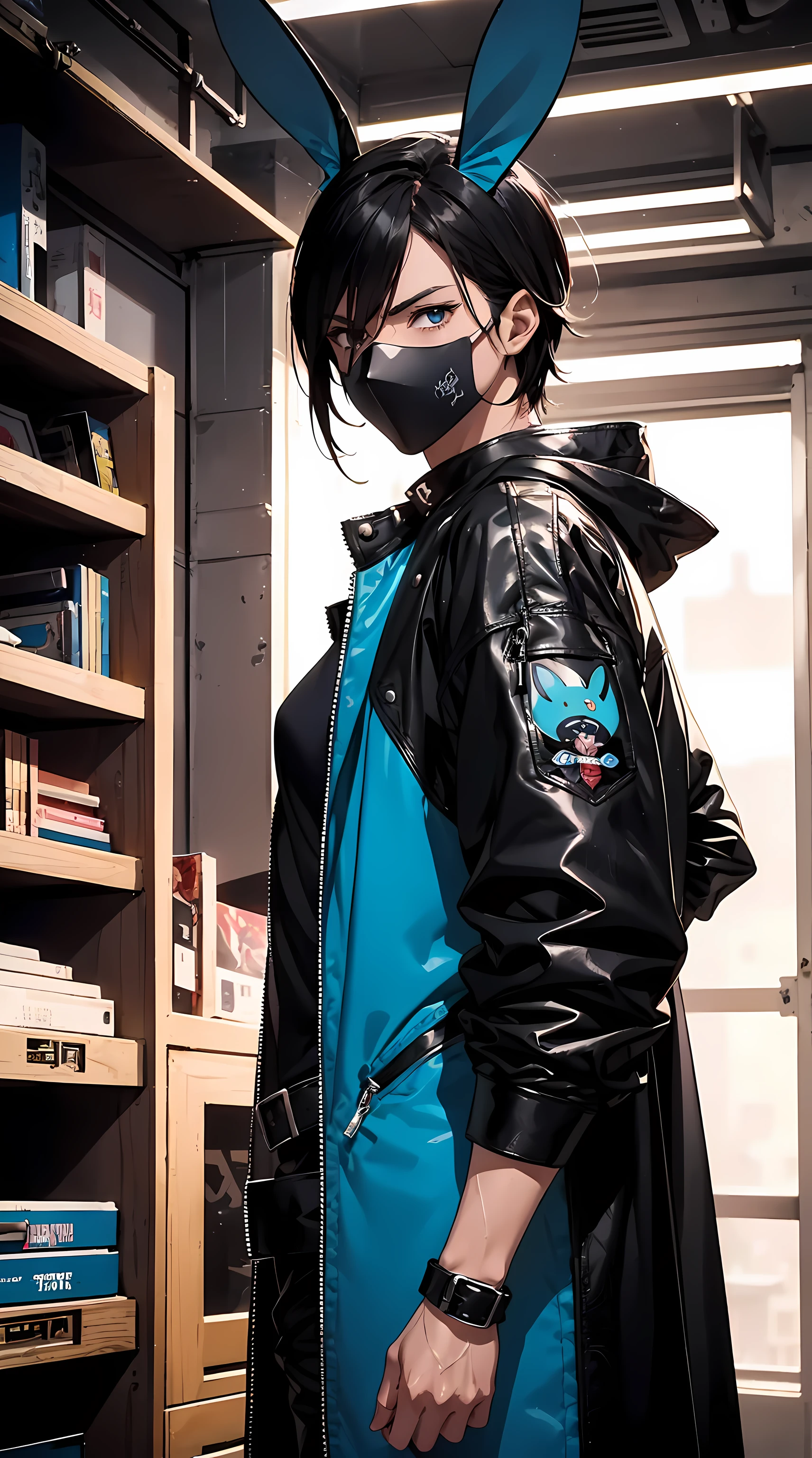 (((male characters))), three handsome strong rugged shonen anime men and one blue rabbit, the rabbit is a character, (((uncluttered))), clean lines, clean simple production cel art, (((80s cel anime aesthetic))), (((90s cel anime aesthetic))), three occult investigators, brown-haired van helsing man in black leather trenchcoat and black fedora with a magic blue rabbit sitting on shoulder on the left, (((Cute blue rabbit on shoulder))), a rugged strong black-cloaked assassin man in the middle (((dangerous strong assassin man))), a black-clad ninja man on the right (((powerful ninja man))), three men dressed in black leather and masks standing in a room, modern cyberpunk anime, digital cyberpunk anime art, anime cyberpunk art, style of ghibli, mashirow and tezuka, occult cyberpunk anime art, anime cyberpunk, digital cyberpunk anime!!, official fanart, digital cyberpunk - anime art, cyberpunk, there are three people dressed up in crimefighting outfits standing in a room, 1 9 8 0's, 1980's, vigilantes, 35mm 1990, 1990's, 1 9 9 0's