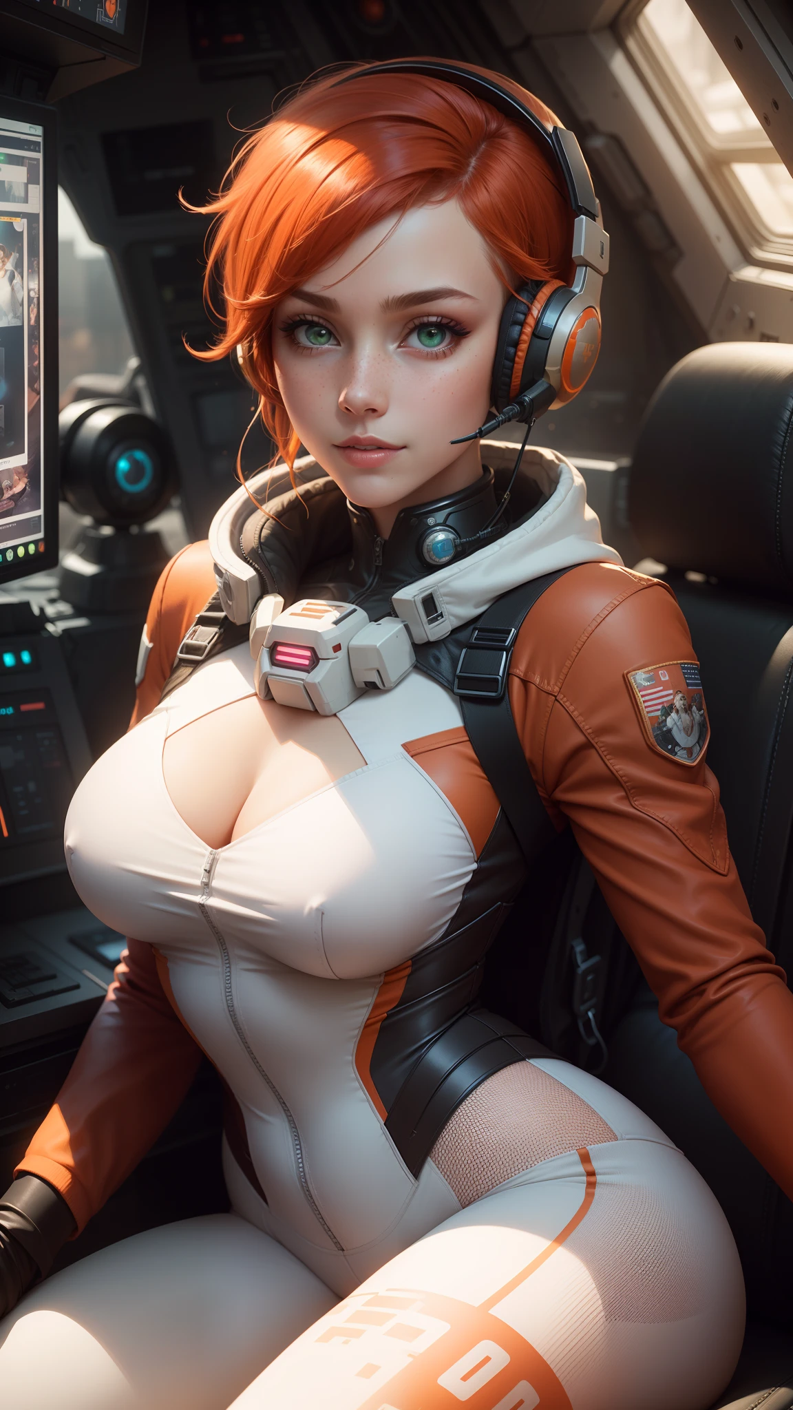 gwen tennyson,1girl,tracer,d.va,rebecca chambers,overwatch,gundam,close up,mecha pilot,space port,white and rose plugsuit,hair pin,pirate corset, white long sleeve lycra top,orange leggings,short hair,cute makeup,green eyes,orange hair,shy smile,freckles, redhead,beautiful girl,large breasts,ultra detailed,realistic,fantasy art,pilot jacket, piloting an spacecraft,gaming headset,