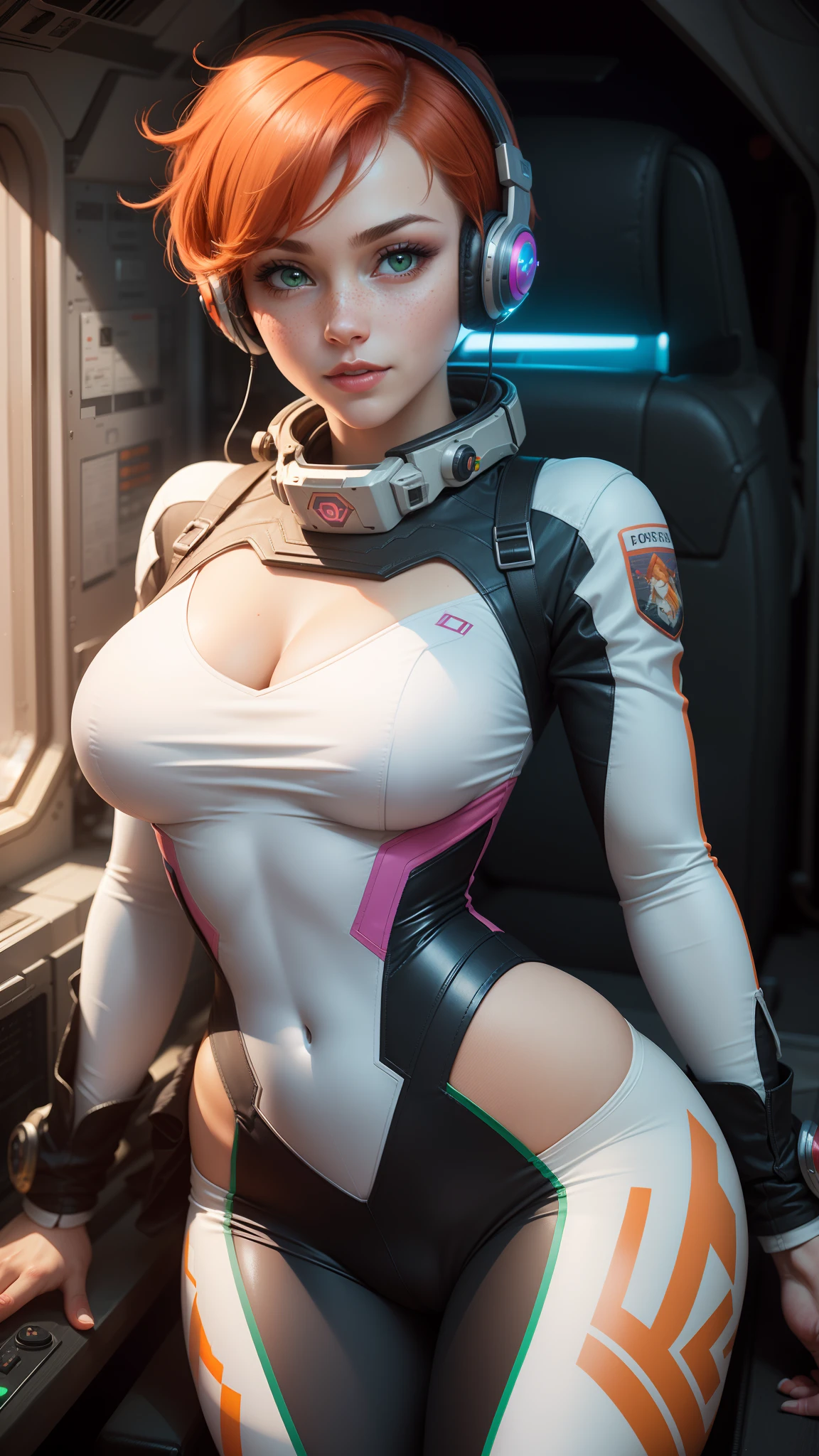 gwen tennyson,1girl,tracer,d.va,rebecca chambers,overwatch,gundam,close up,mecha pilot,space port,white and rose plugsuit,hair pin,pirate corset, white long sleeve lycra top,orange leggings,short hair,cute makeup,green eyes,orange hair,shy smile,freckles, redhead,beautiful girl,large breasts,ultra detailed,realistic,fantasy art,pilot jacket, piloting an spacecraft,gaming headset,