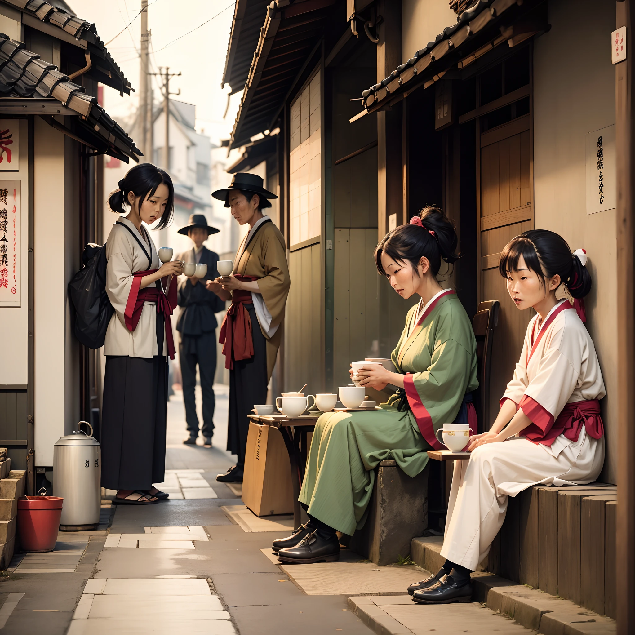 Japanese beggers sipping tea on a street