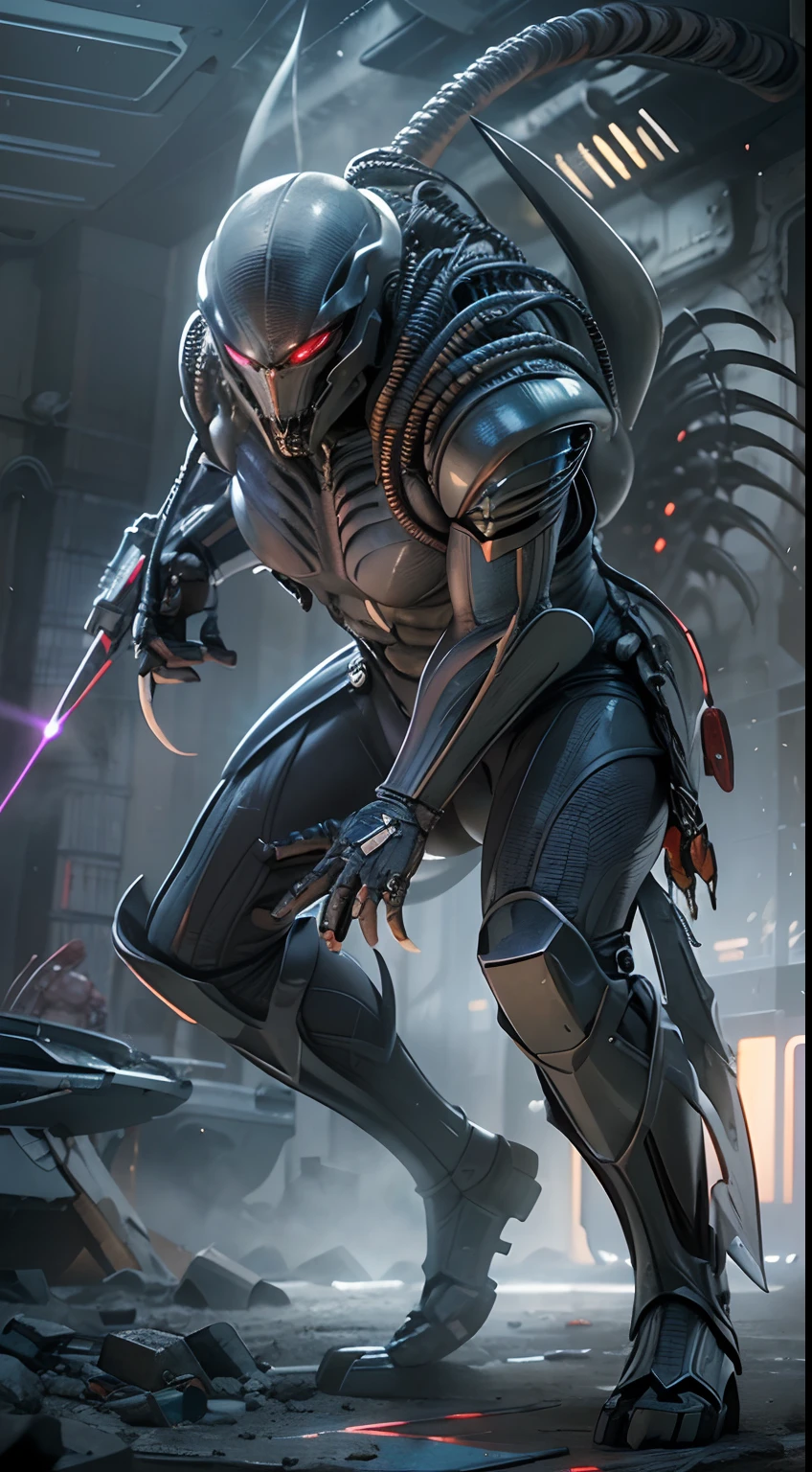 ((Predator with futuristic battle suit, fighting aliens with laser knives, h.r. giger's epic and dramatic battle)) futuristic design, masterpiece, best quality