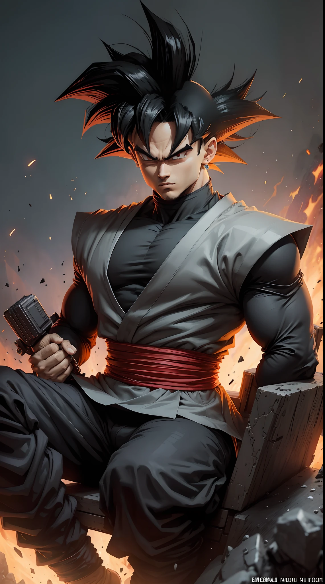 Goku Mafioso, seated not throne, cara de mau, Terno Preto, With a machine gun in his hands, Uma mulher de bermuda curta ao seu lado