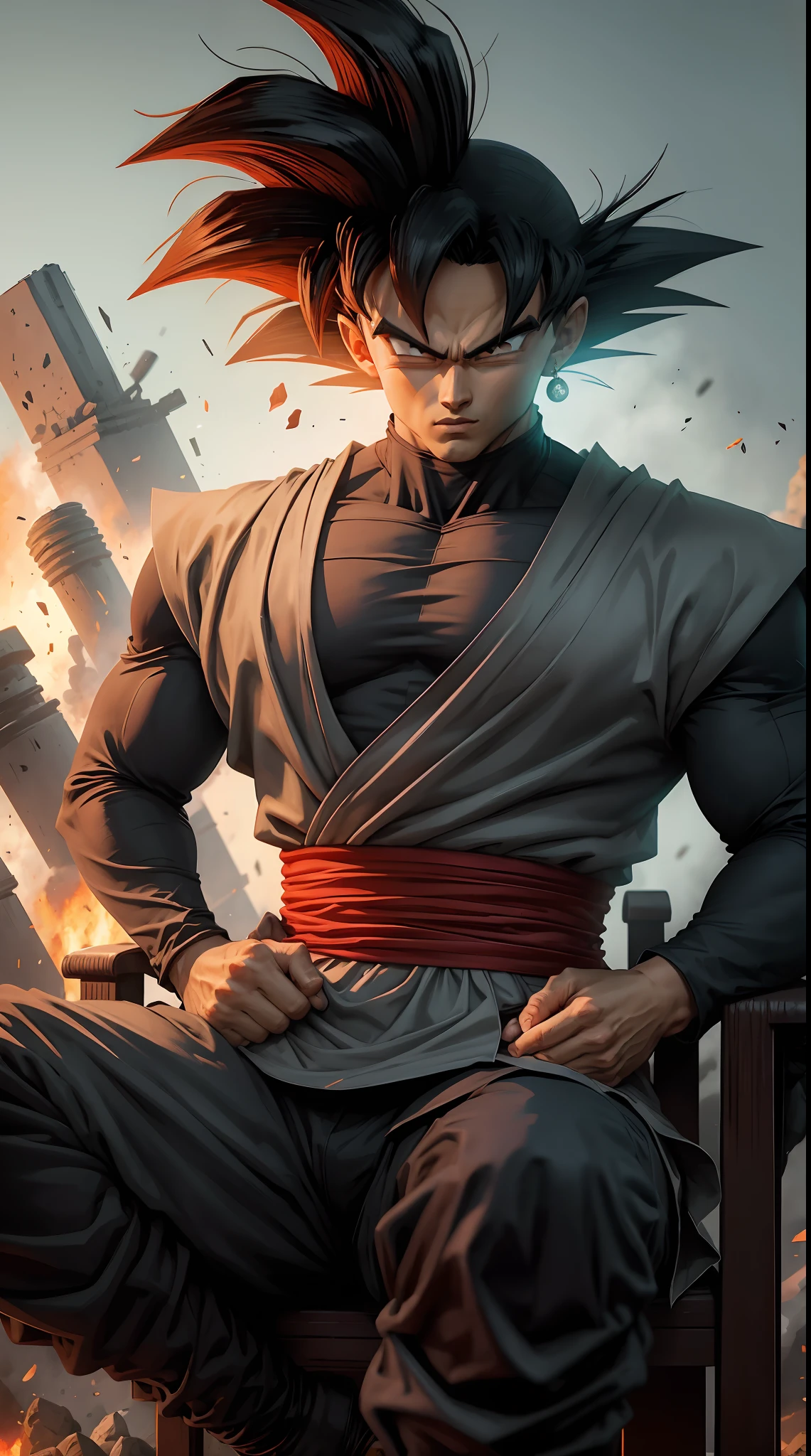 Goku Mafioso, seated not throne, cara de mau, Terno Preto, With a machine gun in his hands, Uma mulher de bermuda curta ao seu lado