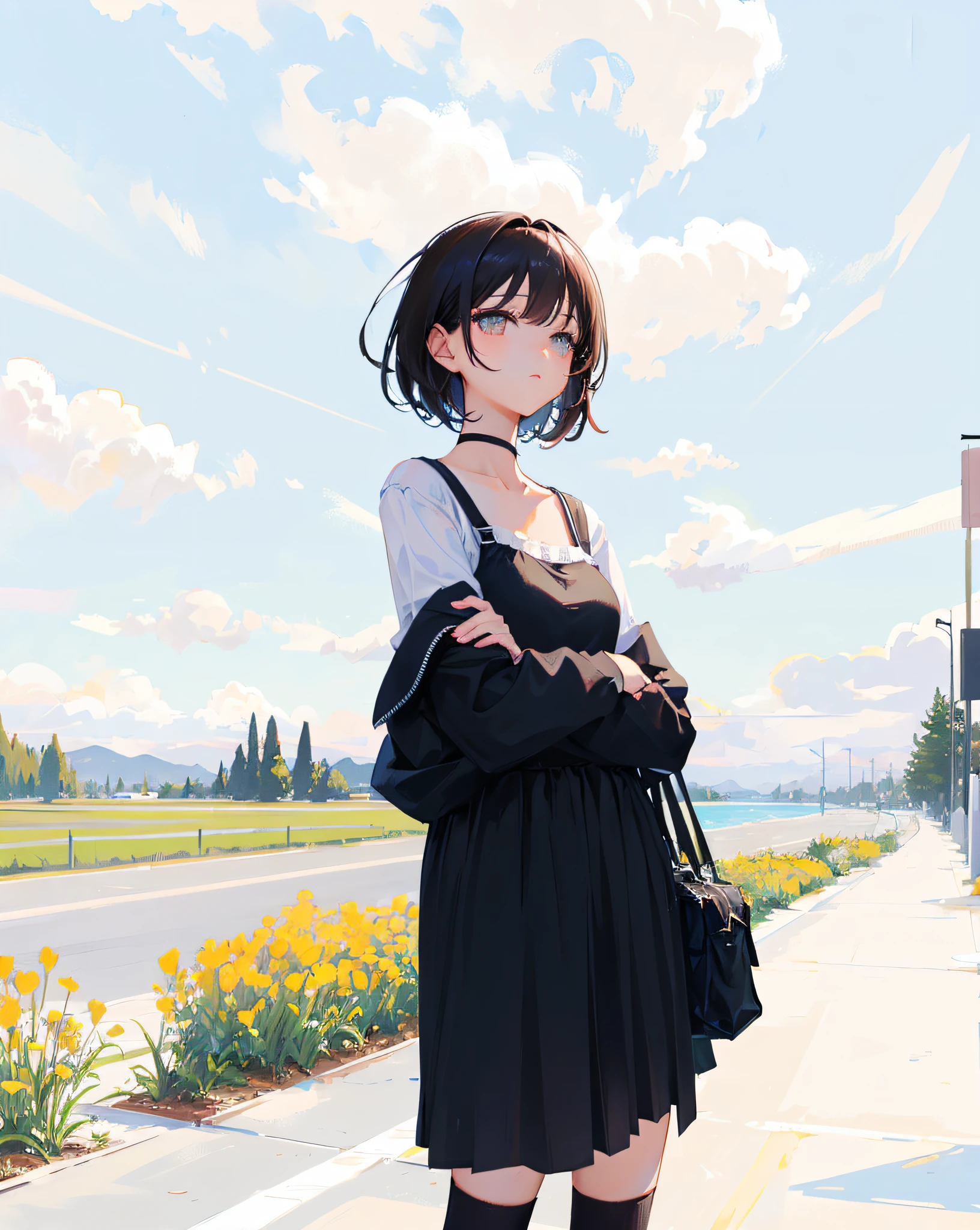 (Realistic painting style:1.0), Masterpiece, Best quality, absurderes, comic strip, illustration,
1 girl, medium hair, cute girl, young and cute girl, Korean girl, {Breasts}, kuan17,
a girl in black top and grey skirt standing on street, wearing black camisole outfit, cute kawaii girl, photo of slim girl model, wearing a chocker, simple clothes, simple clothing, blue sky, sexy,