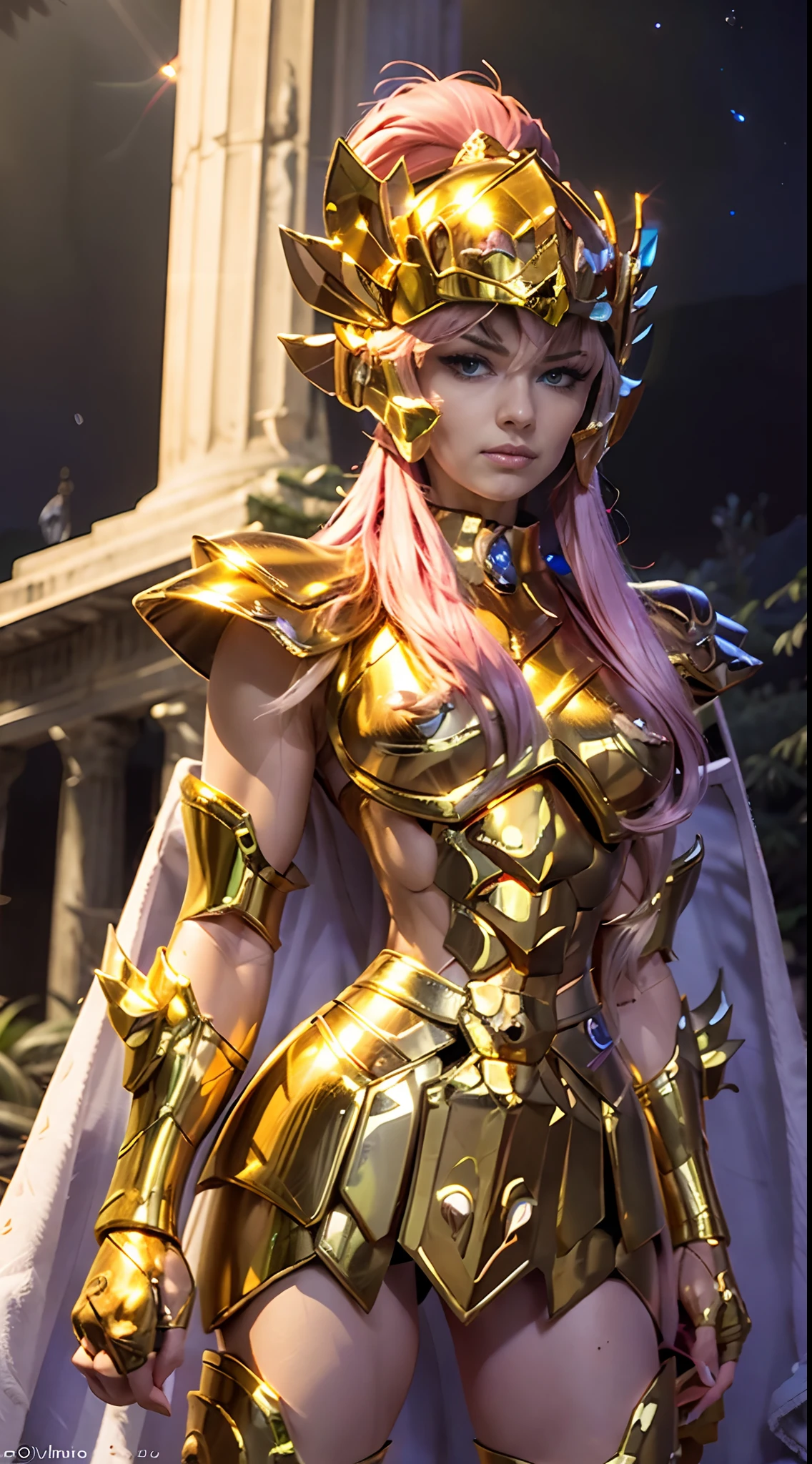 masterpiece, best quality, ultra high res, realistic skin texture, armature, photorealistic, high resolution, raw photo, shiny skin, realistic skin texture, best lighting, sparkle, dramatic lighting, dynamic pose, Greek temple background, night sky, cosmos, milky way, 1girl, balanced eyes, Andromeda Shun, pink armor, roman skirt plate, breast plate, cleavage, red hair, pink helmet, blue eyes, looking at viewer, large breast, slight smile, chains