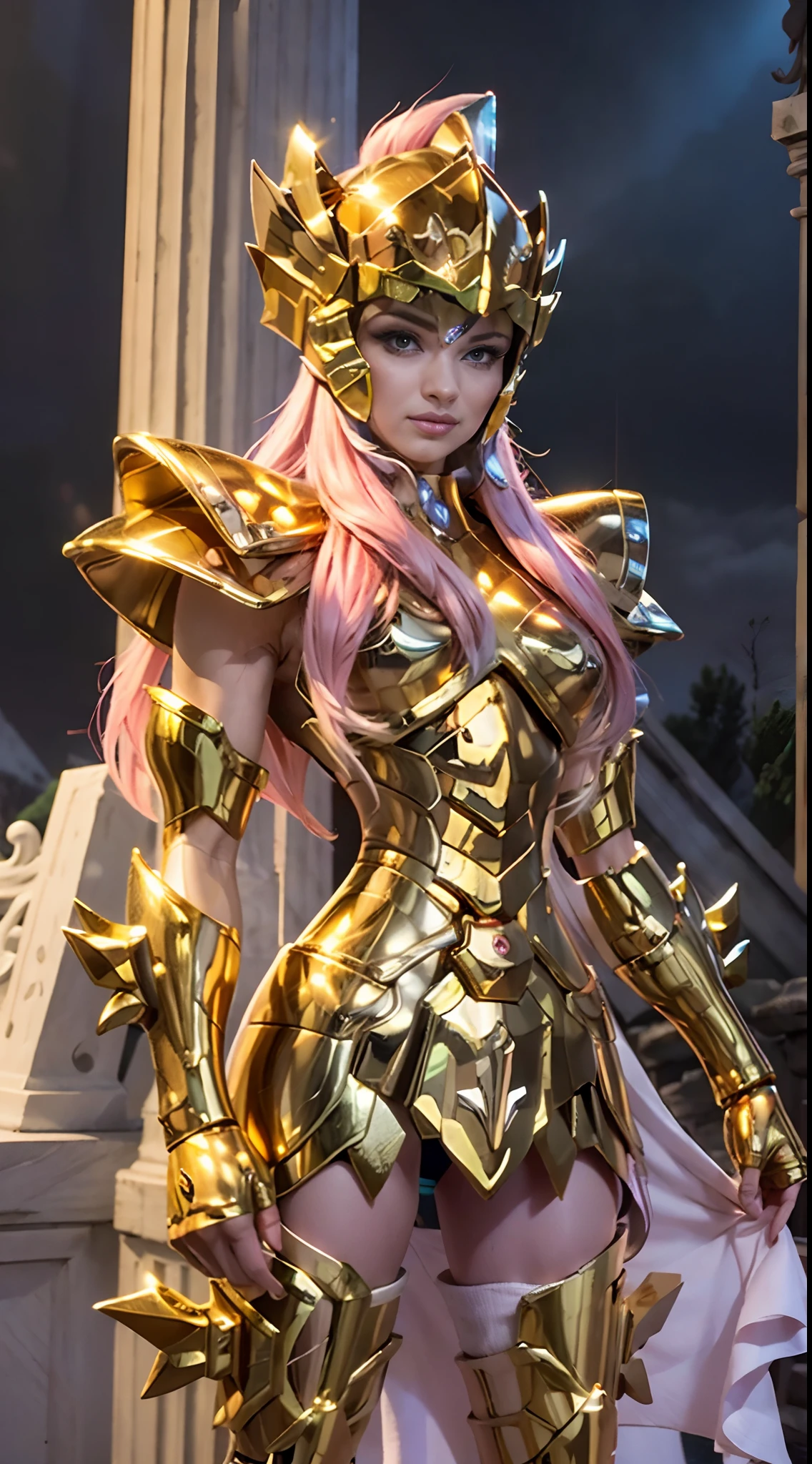 masterpiece, best quality, ultra high res, realistic skin texture, armature, photorealistic, high resolution, raw photo, shiny skin, realistic skin texture, best lighting, sparkle, dramatic lighting, dynamic pose, Greek temple background, night sky, cosmos, milky way, 1girl, balanced eyes, Andromeda Shun, pink armor, roman skirt plate, breast plate, cleavage, red hair, pink helmet, blue eyes, looking at viewer, large breast, slight smile, chains