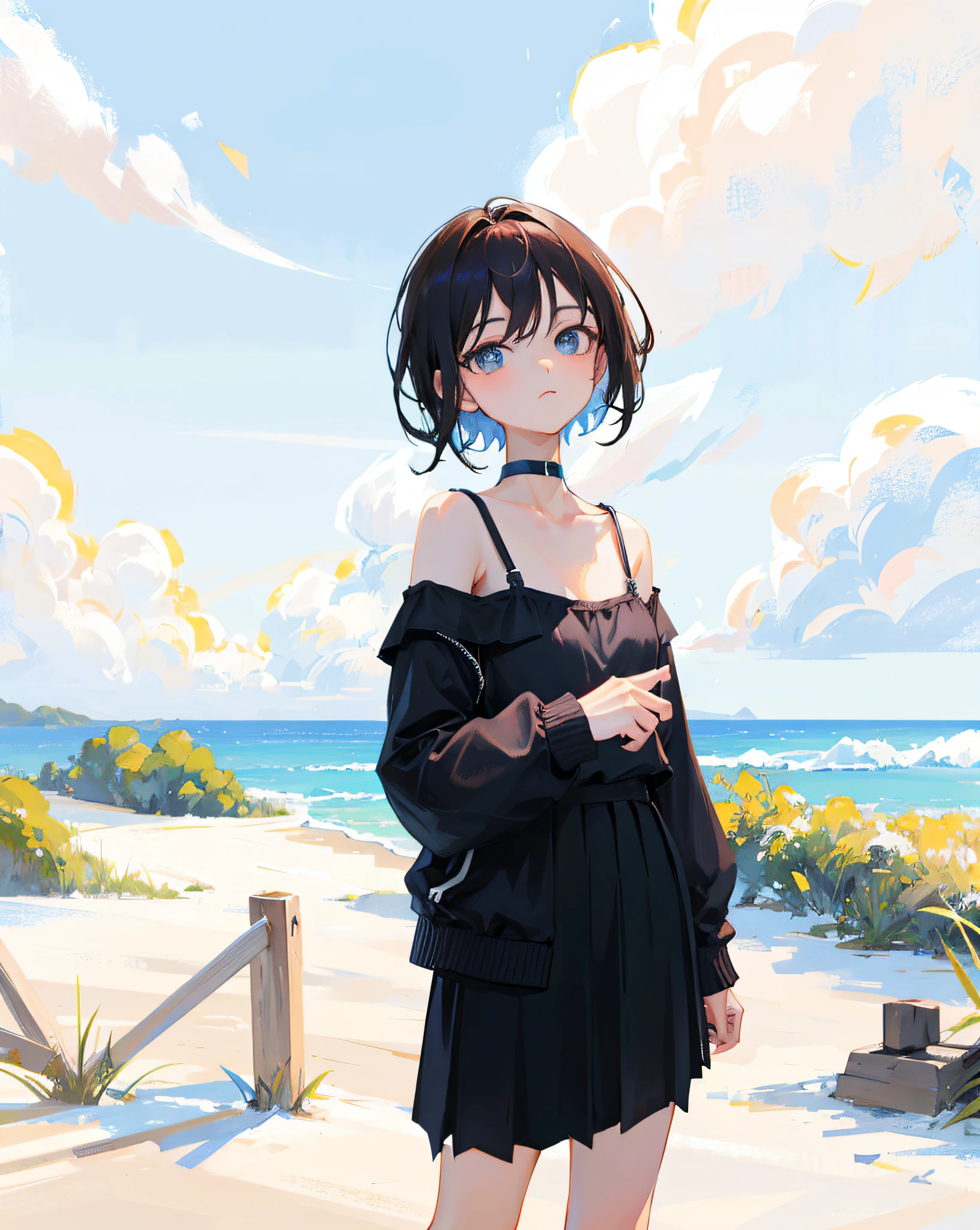 (Realistic painting style:1.0), Masterpiece, Best quality, absurderes, comic strip, illustration,
1 girl, medium hair, cute girl, young and cute girl, Korean girl, {Breasts}, kuan17,
a girl in black top and grey skirt standing on street, wearing black camisole outfit, cute kawaii girl, photo of slim girl model, wearing a chocker, simple clothes, simple clothing, blue sky, sexy,