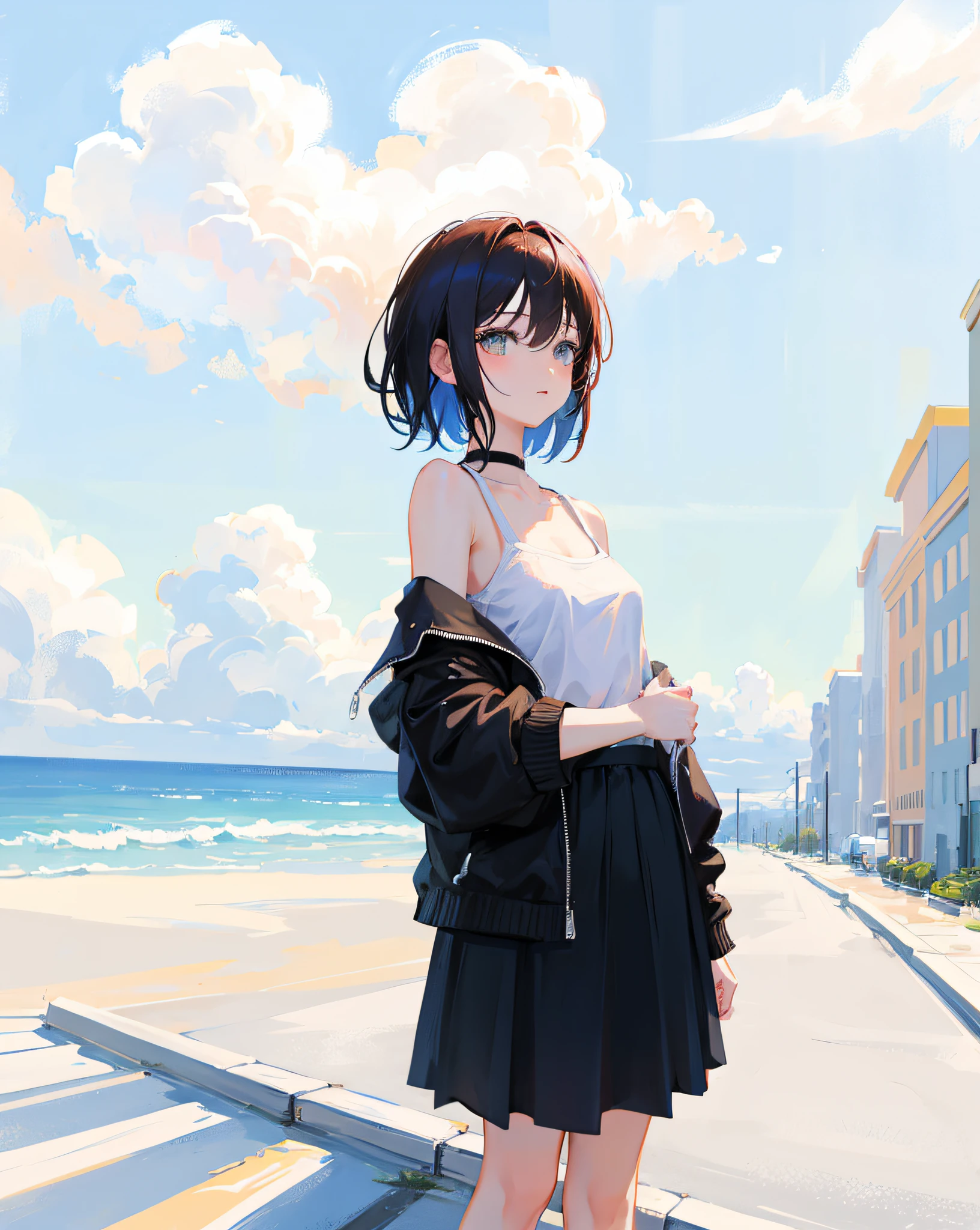 (Realistic painting style:1.0), Masterpiece, Best quality, absurderes, comic strip, illustration,
1 girl, medium hair, cute girl, young and cute girl, Korean girl, {Breasts}, kuan17,
a girl in black top and grey skirt standing on street, wearing black camisole outfit, cute kawaii girl, photo of slim girl model, wearing a chocker, simple clothes, simple clothing, blue sky, sexy,