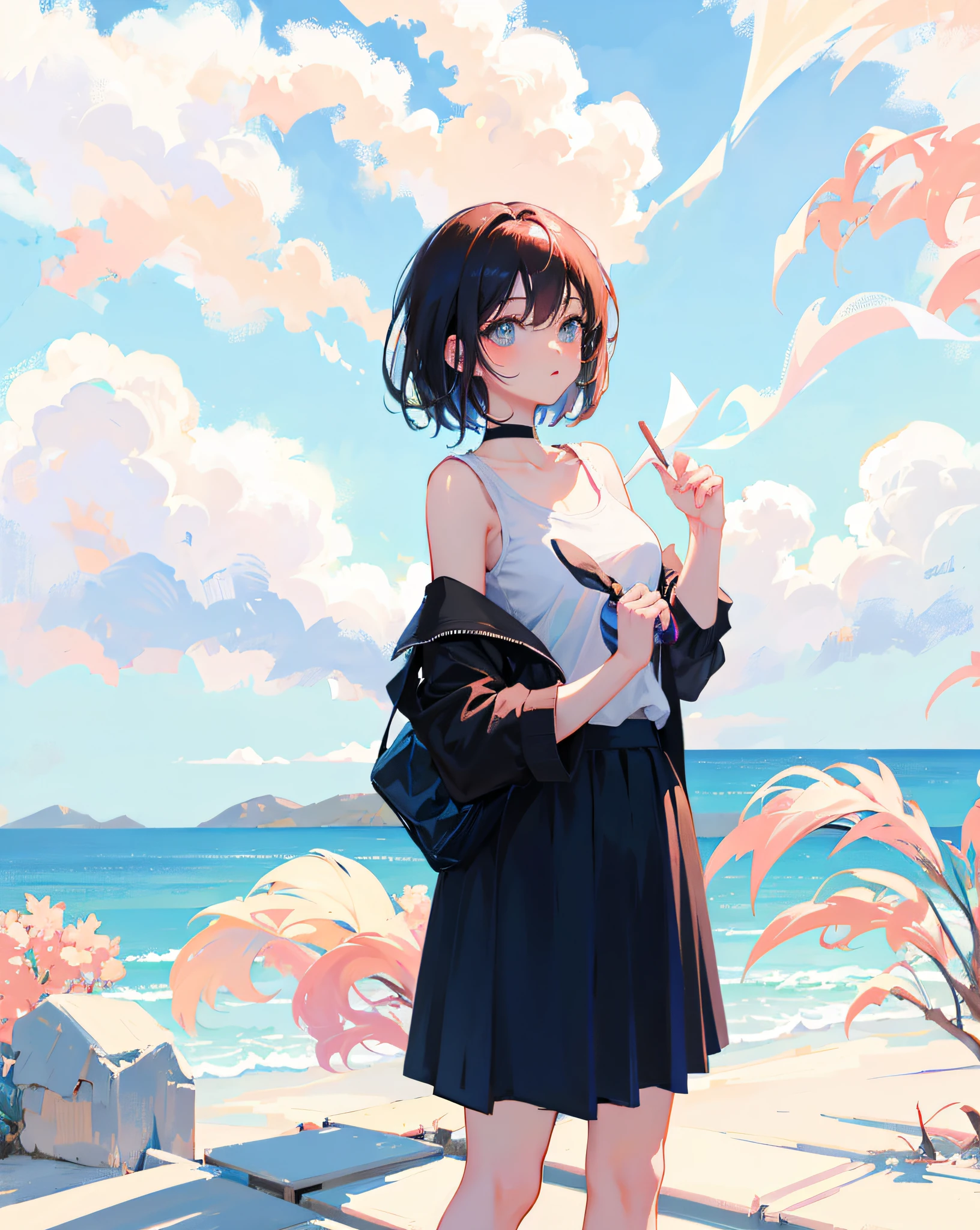 (Realistic painting style:1.0), Masterpiece, Best quality, absurderes, comic strip, illustration,
1 girl, medium hair, cute girl, young and cute girl, Korean girl, {Breasts}, kuan17,
a girl in black top and grey skirt standing on street, wearing black camisole outfit, cute kawaii girl, photo of slim girl model, wearing a chocker, simple clothes, simple clothing, blue sky, sexy,