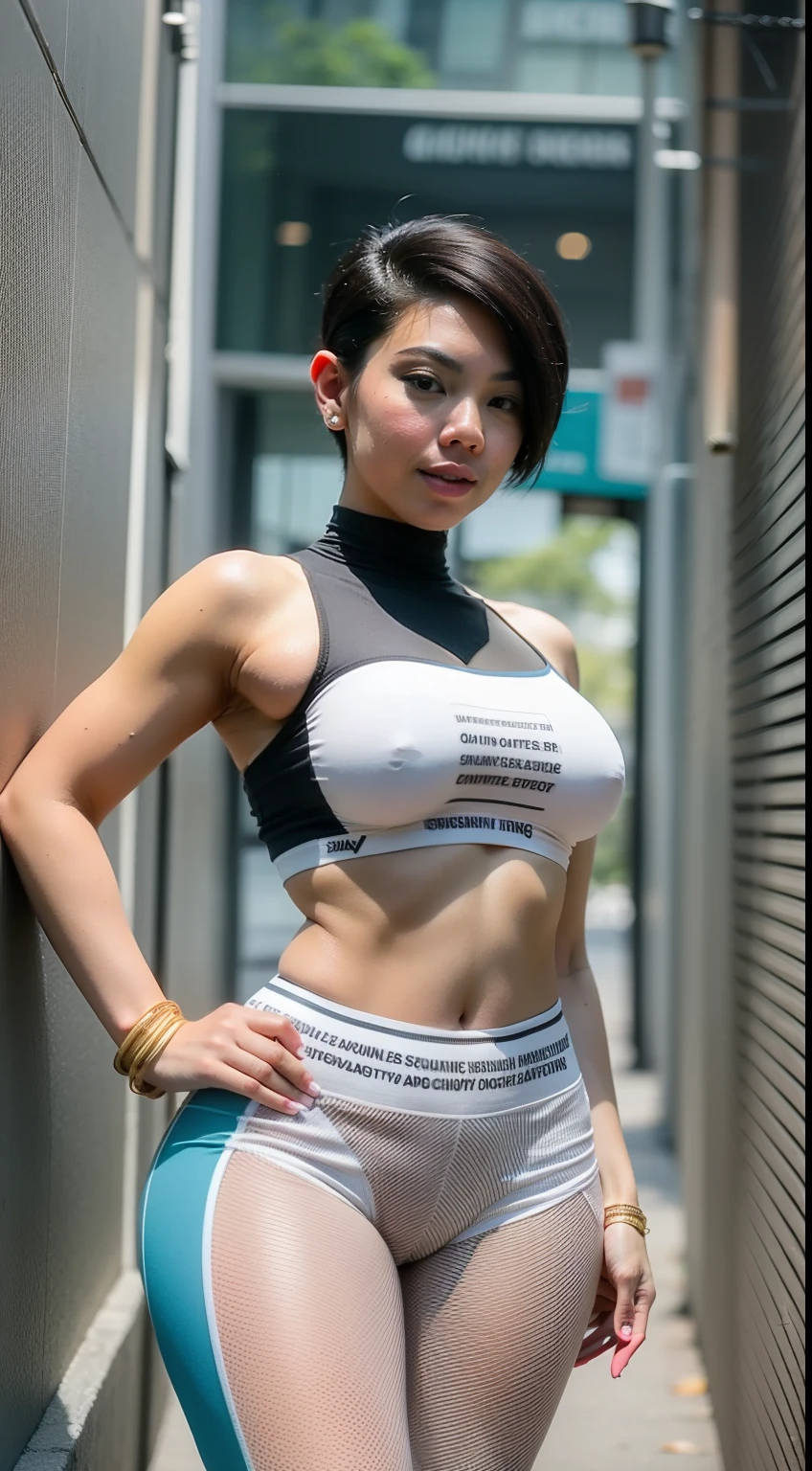 Create a dynamic urban portrait of the Malay woman in contemporary streetwear, very short white pixie cut hair, big breast, wide hips, big ass, thick thighs, capturing her confidence and style as she strikes a pose against the backdrop of a bustling city street