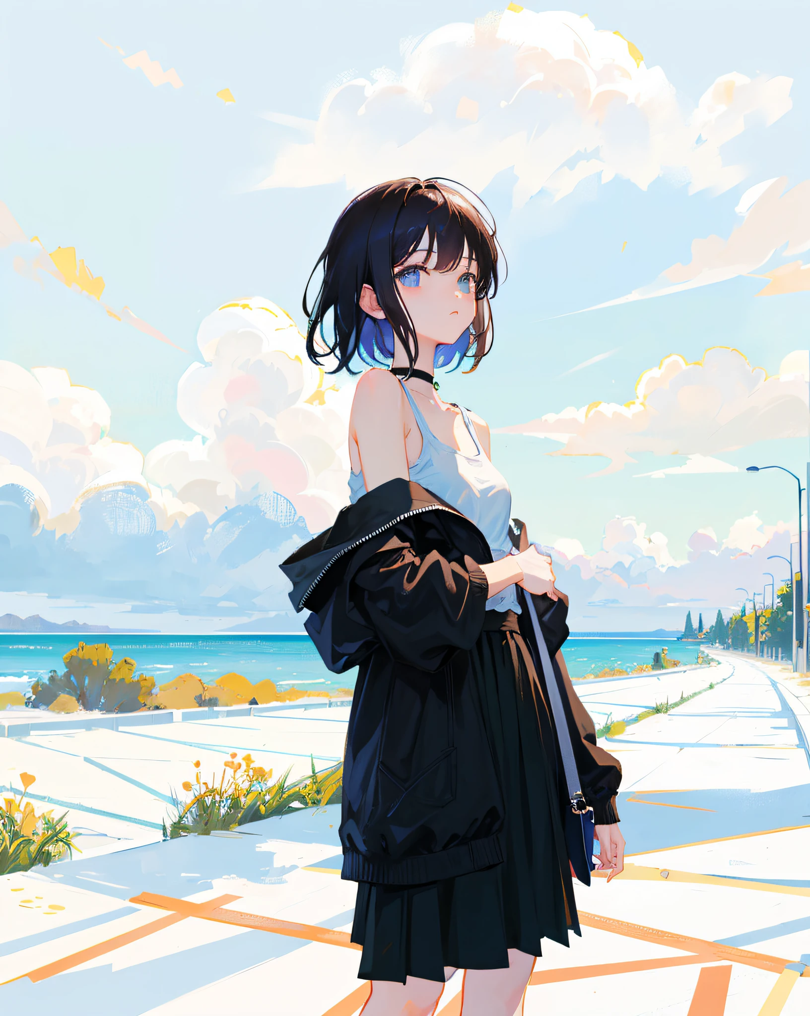 (Realistic painting style:1.0), Masterpiece, Best quality, absurderes, comic strip, illustration,
1 girl, medium hair, cute girl, young and cute girl, Korean girl, {Breasts}, kuan17,
a girl in black top and grey skirt standing on street, wearing black camisole outfit, cute kawaii girl, photo of slim girl model, wearing a chocker, simple clothes, simple clothing, blue sky, sexy,