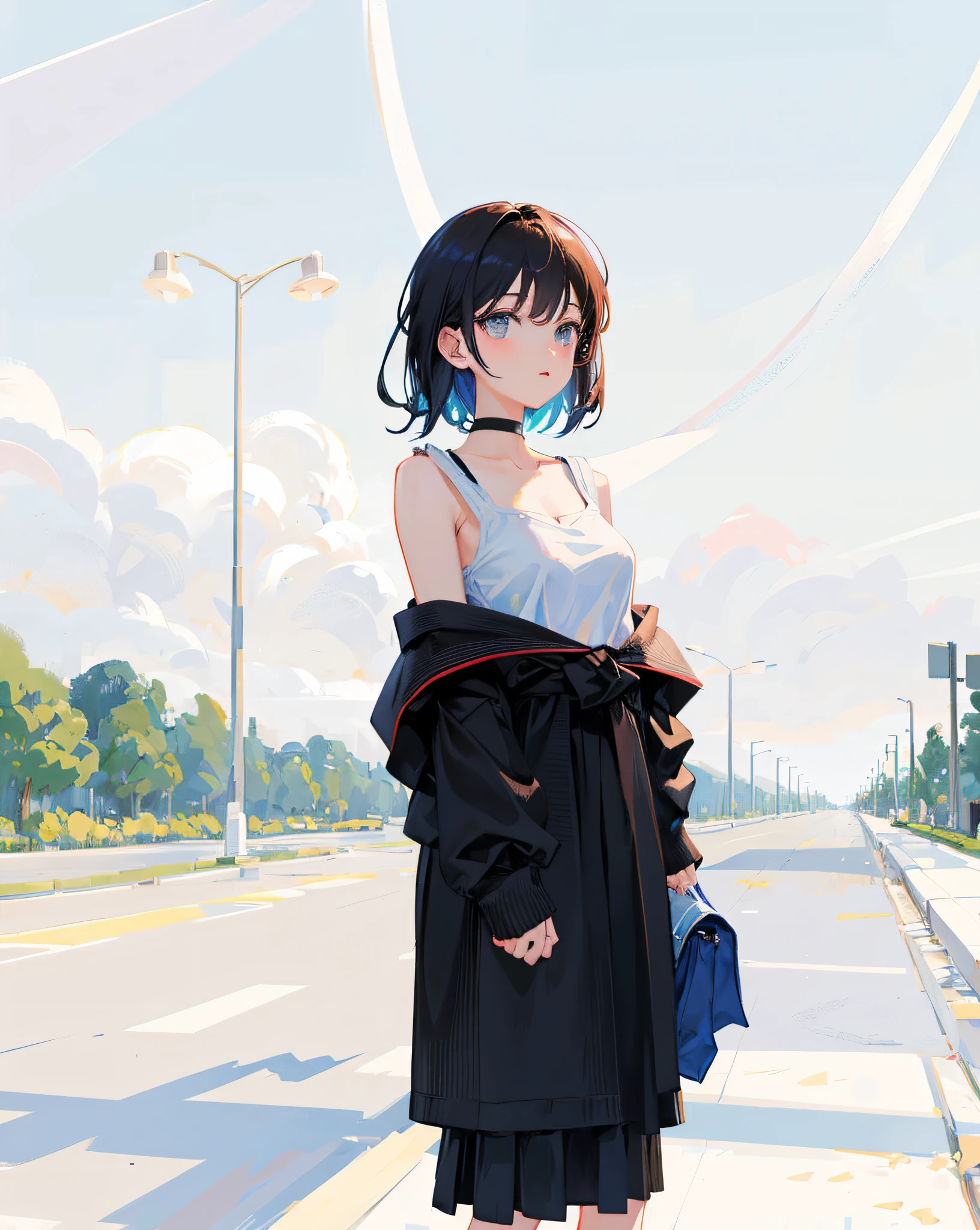 (Realistic painting style:1.0), Masterpiece, Best quality, absurderes, comic strip, illustration,
1 girl, medium hair, cute girl, young and cute girl, Korean girl, {Breasts}, kuan17,
a girl in black top and grey skirt standing on street, wearing black camisole outfit, cute kawaii girl, photo of slim girl model, wearing a chocker, simple clothes, simple clothing, blue sky, sexy,