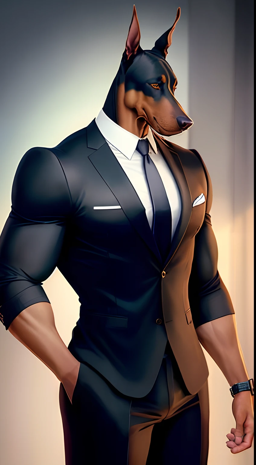 Anthro muscular Doberman wearing an imitation suit with a tie with a hat