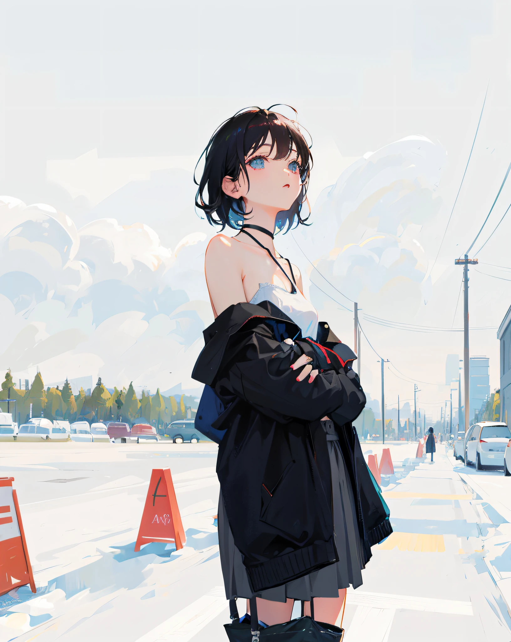 (Realistic painting style:1.0), Masterpiece, Best quality, absurderes, comic strip, illustration,
1 girl, medium hair, cute girl, young and cute girl, Korean girl, {Breasts}, kuan17,
a girl in black top and grey skirt standing on street, wearing black camisole outfit, cute kawaii girl, photo of slim girl model, wearing a chocker, simple clothes, simple clothing, blue sky, sexy,