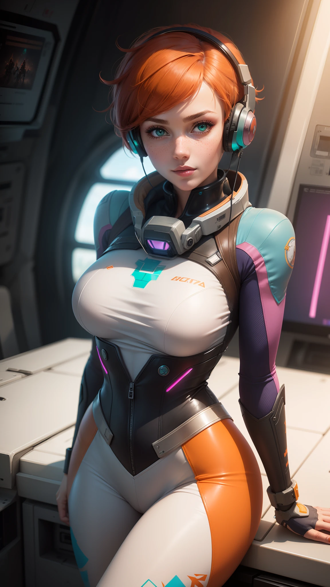 gwen tennyson,1girl,tracer,d.va,rebecca chambers,overwatch,gundam,close up,mecha pilot,space port,cyan and rose plugsuit,hair pin,pirate corset, white long sleeve lycra top,orange leggings,short hair,cute makeup,green eyes,orange hair,shy smile,freckles, redhead,beautiful girl,large breasts,ultra detailed,realistic,fantasy art,pilot jacket, piloting an spacecraft,gaming headset,