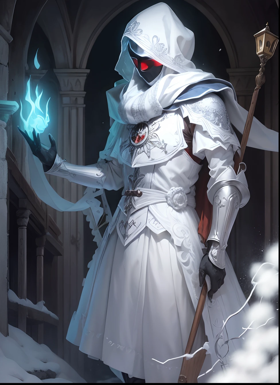 Mago de gelo, gelo e neve, cristais de gelo, mascarado, vestindo um mantos branco.
