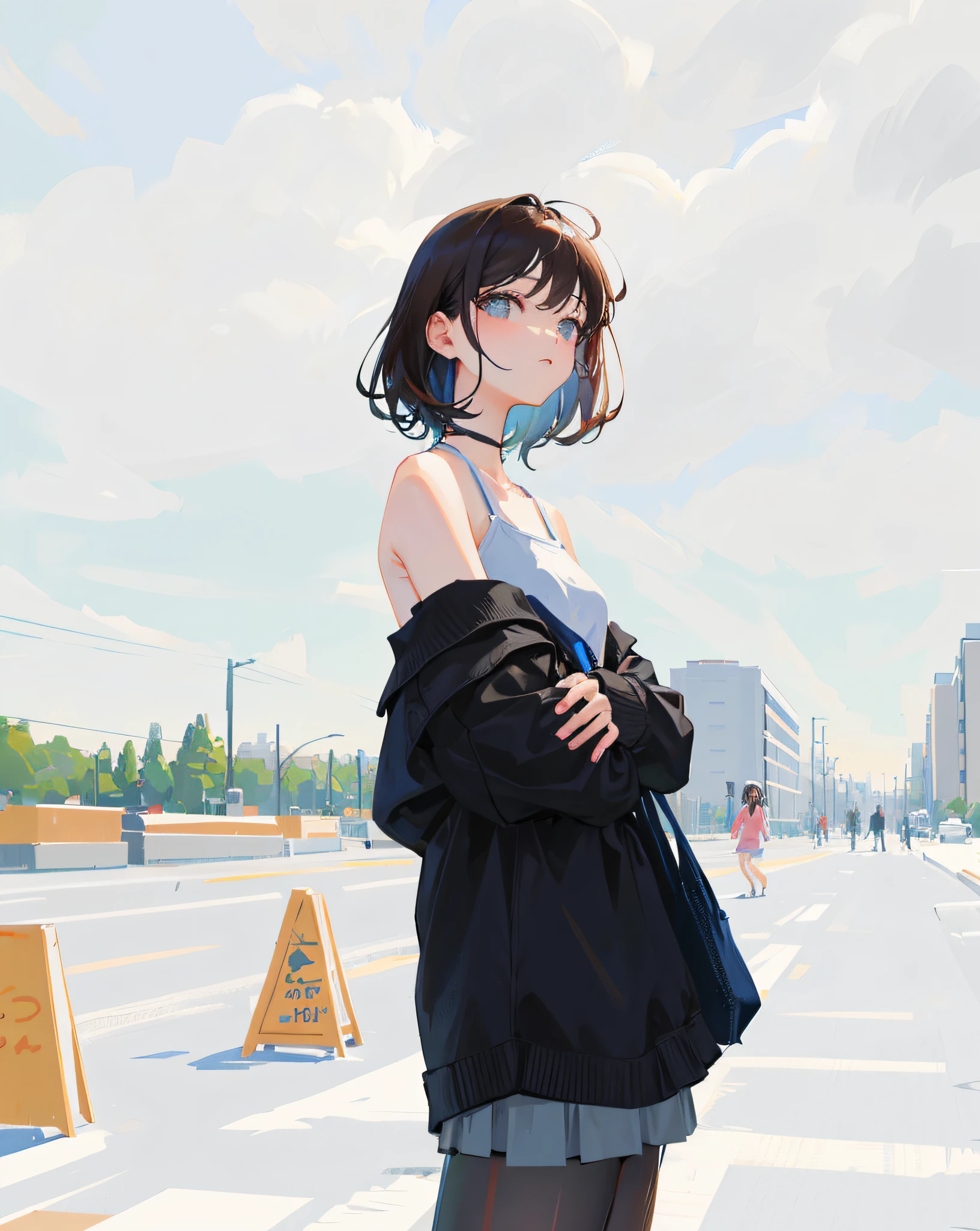 (Realistic painting style:1.0), Masterpiece, Best quality, absurderes, comic strip, illustration,
1 girl, medium hair, cute girl, young and cute girl, Korean girl, {Breasts}, kuan17,
a girl in black top and grey skirt standing on street, wearing black camisole outfit, cute kawaii girl, photo of slim girl model, wearing a chocker, simple clothes, simple clothing, blue sky, sexy,