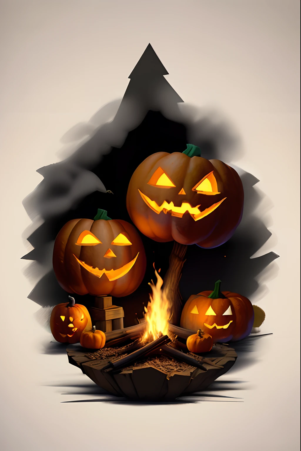 A bonfires with scary pumpkins in fun, creative and original, cartoon style, white background, printable