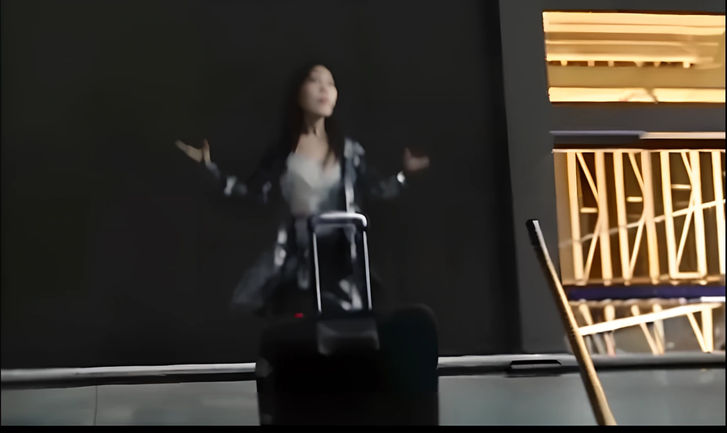 There was a woman standing on a suitcase in front of a black wall, hologram hovering around her, leaked footage, she is dancing. Realistic, japanese cgi, breaking statue of girl, she is floating in the air, hyperrealistic vfx simulation, anime cgi, screenshots from movies, epic scene from marvel movie, behind her is a scary atmosphere, movie cgi