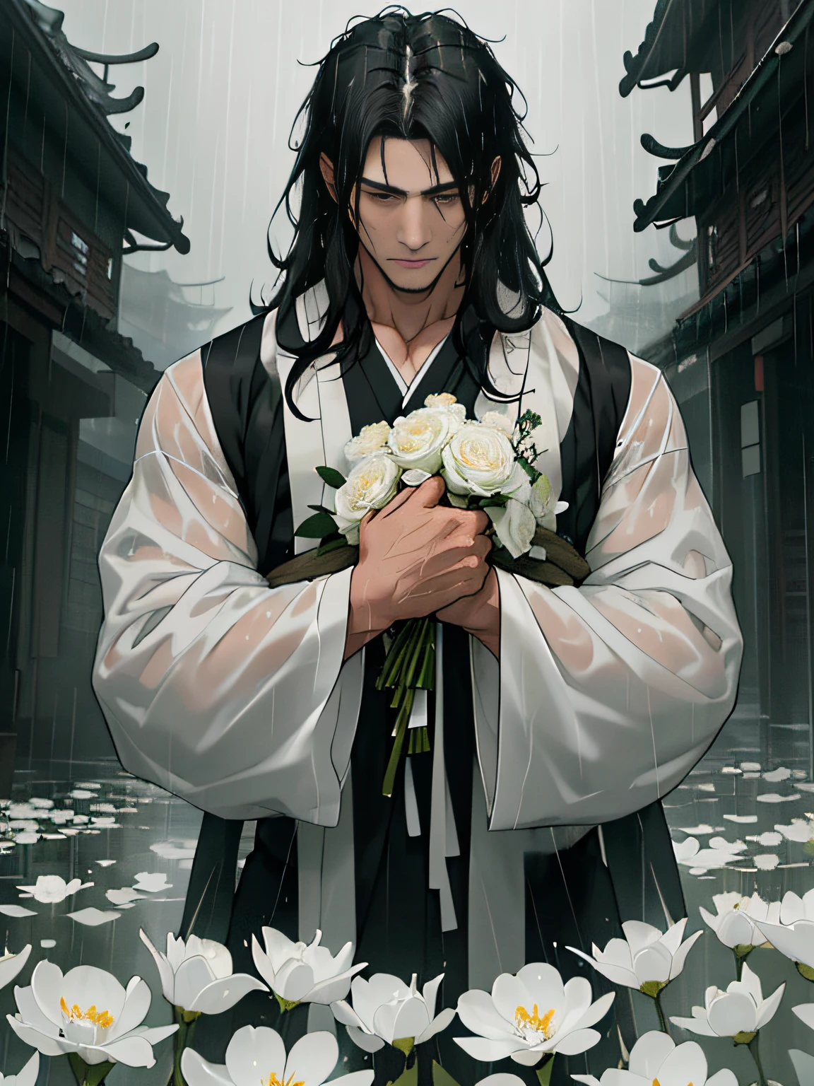 Best quality, high resolution ,A man with long hair,Black color hair, Black clothes, white ribbons, maturity, silence, Closed mouth, Soaked all over, Rainy days, heavy rain, White flowers, White flowers in hand,(Heavy fog:1.3), Dim light, Chinese style architecture, waterface, drenched in rain,