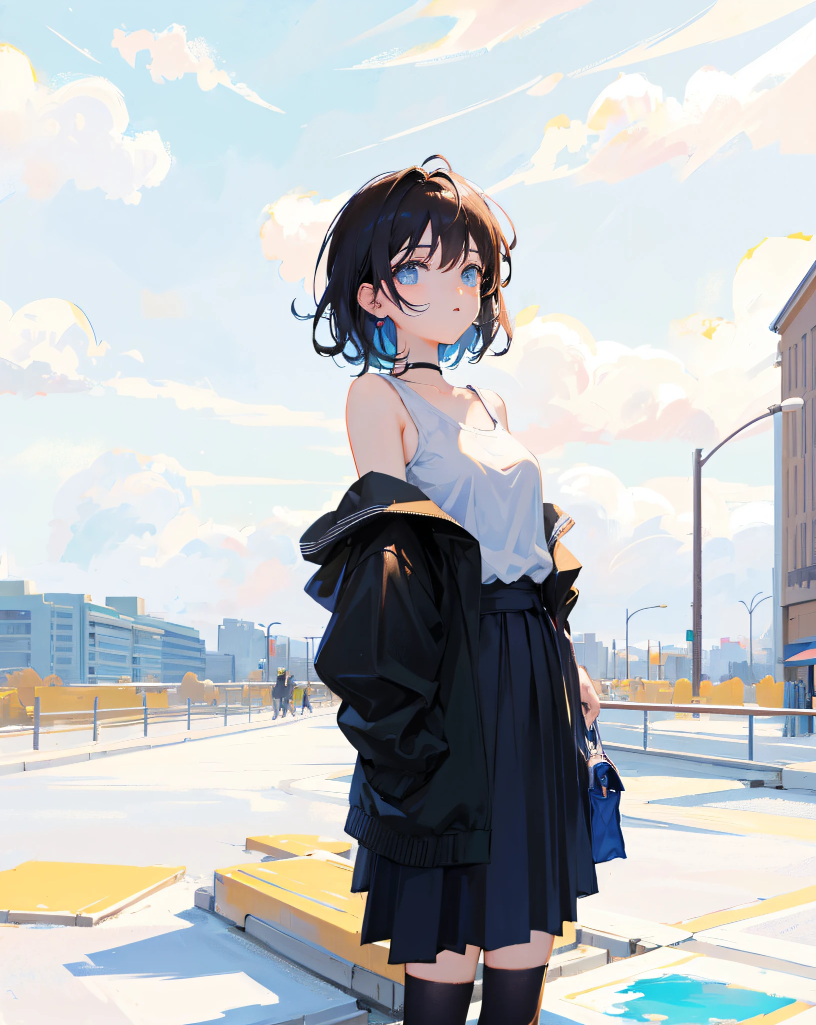 (Realistic painting style:1.0), Masterpiece, Best quality, absurderes, comic strip, illustration,
1 girl, medium hair, cute girl, young and cute girl, Korean girl, {Breasts}, kuan17, 
a girl in black top and grey skirt standing on street, wearing black camisole outfit, cute kawaii girl, photo of slim girl model, wearing a chocker, simple clothes, simple clothing, blue sky, sexy,