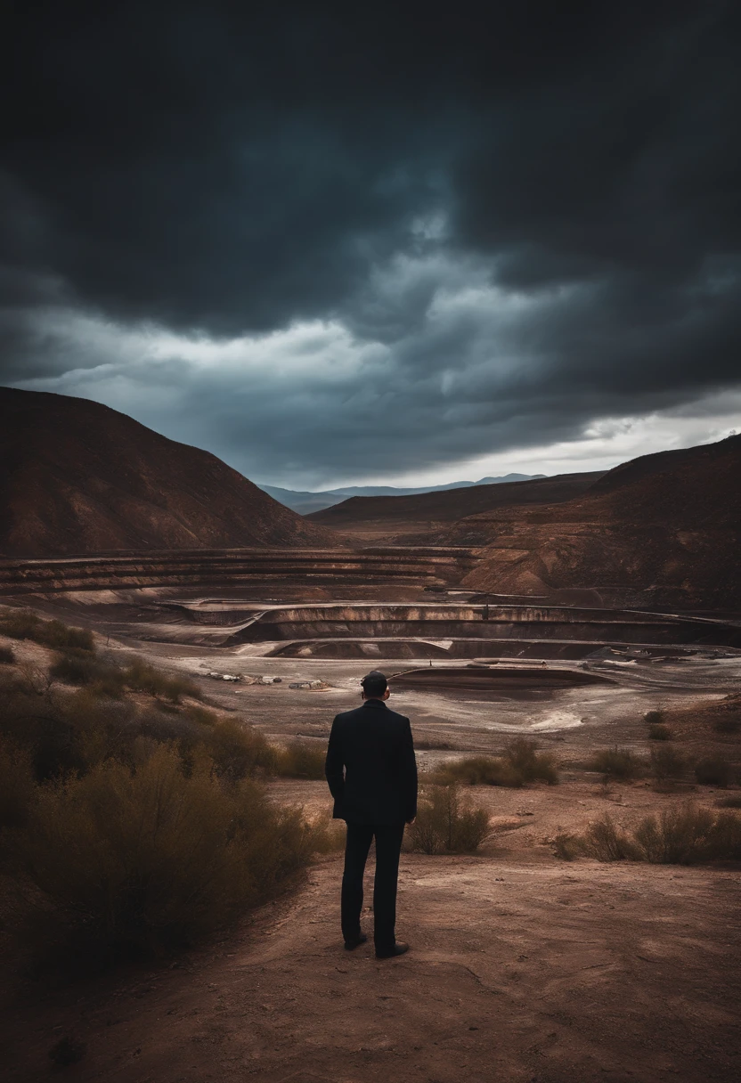 a man standing in the centre of an unused mining area, cinematic lighting, interesting sky