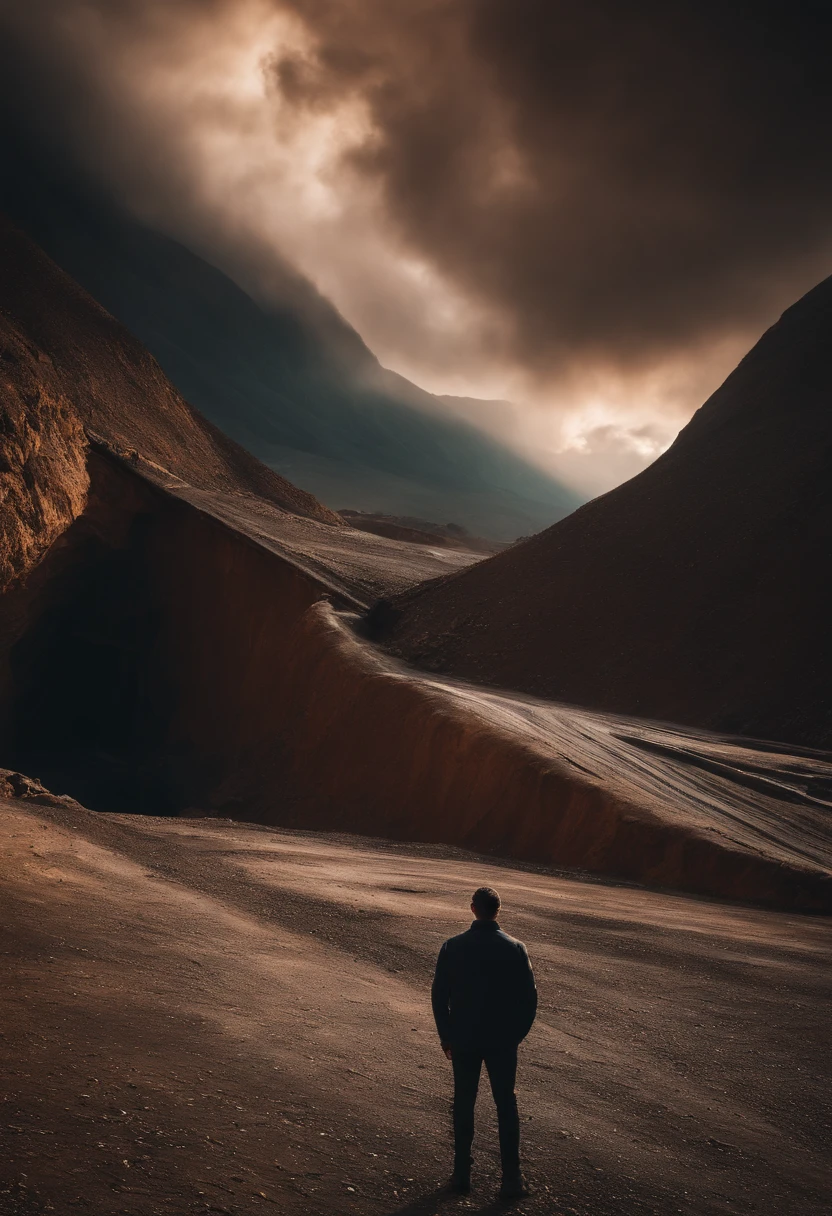 a man standing in the centre of an unused mining area, cinematic lighting, interesting sky