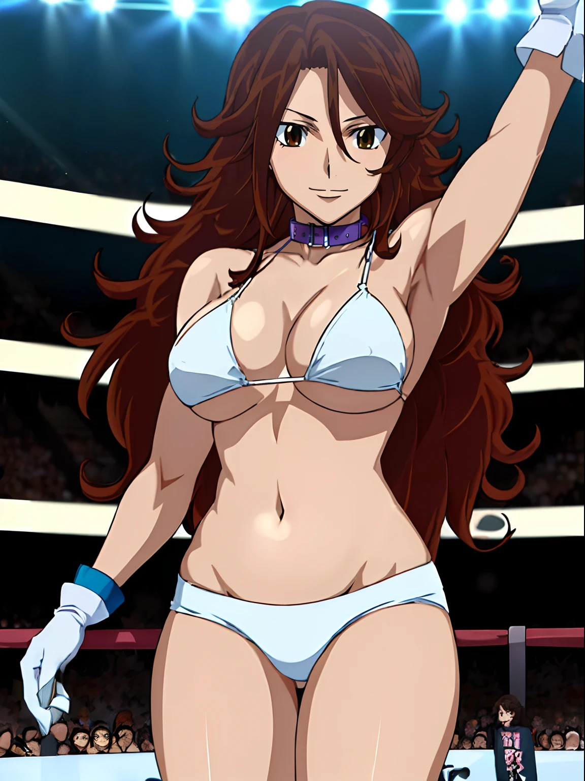 (wwe diva), body view, anime style: 1.8, anime drawing, ultra detailed face, ultra detailed body, 4k, Sumergai Lee Noriega, (standing), best quality, anime style, hires, highest definition, digital blending, bold drawing lines, ((wwe diva), (location: wrestling arena, crowds watching), ( slim body, little biceps, thighs, off-shoulders, (curvy: 2.8)), ((white bikini, shorts, groin, , white gloves, collar)), victorious, winner, gentle, (big breasts, smile), (big eyes, brown eyes), (clapping), (brown hair, loose hair, curly hair, wavy hair, long hair, missy hair), 27 years old,