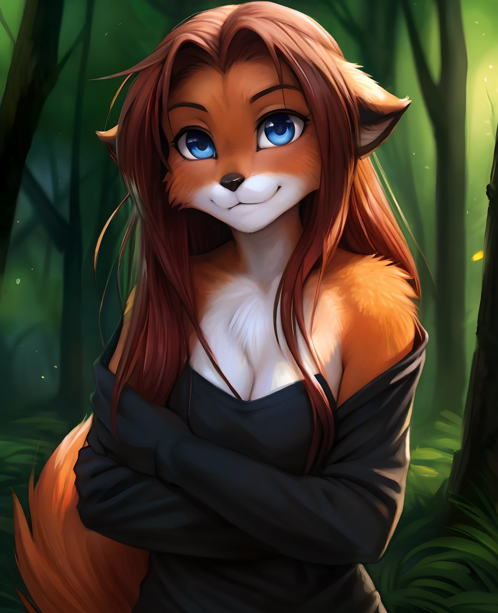 by kenket, by totesfleisch8, (by thebigslick, by silverfox5213:0.8), (by syuro:0.2),,,, Laura, Keidran, twokinds, by tom_fischbach,, (best quality, masterpiece:1), solo, furry female anthro, blue eyes, long hair, reddish brown hair, portrait, fingers, finger claws, looking at viewer, fox tail, (outdoors dark forest trees blurry blurred background:1.1), featureless_breasts