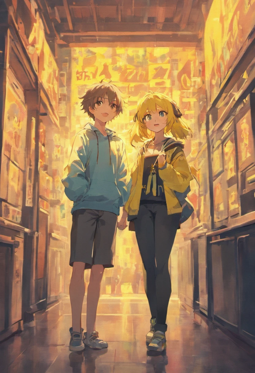 a couple of anime characters standing next to each other and happily posing for a picture (Boy and Girl), a yellow vibrant color pallet, lightly smiley faces, casual clothes, 8k, high quality, ray tracing, looking at the camera, holding phones, portrait shoot