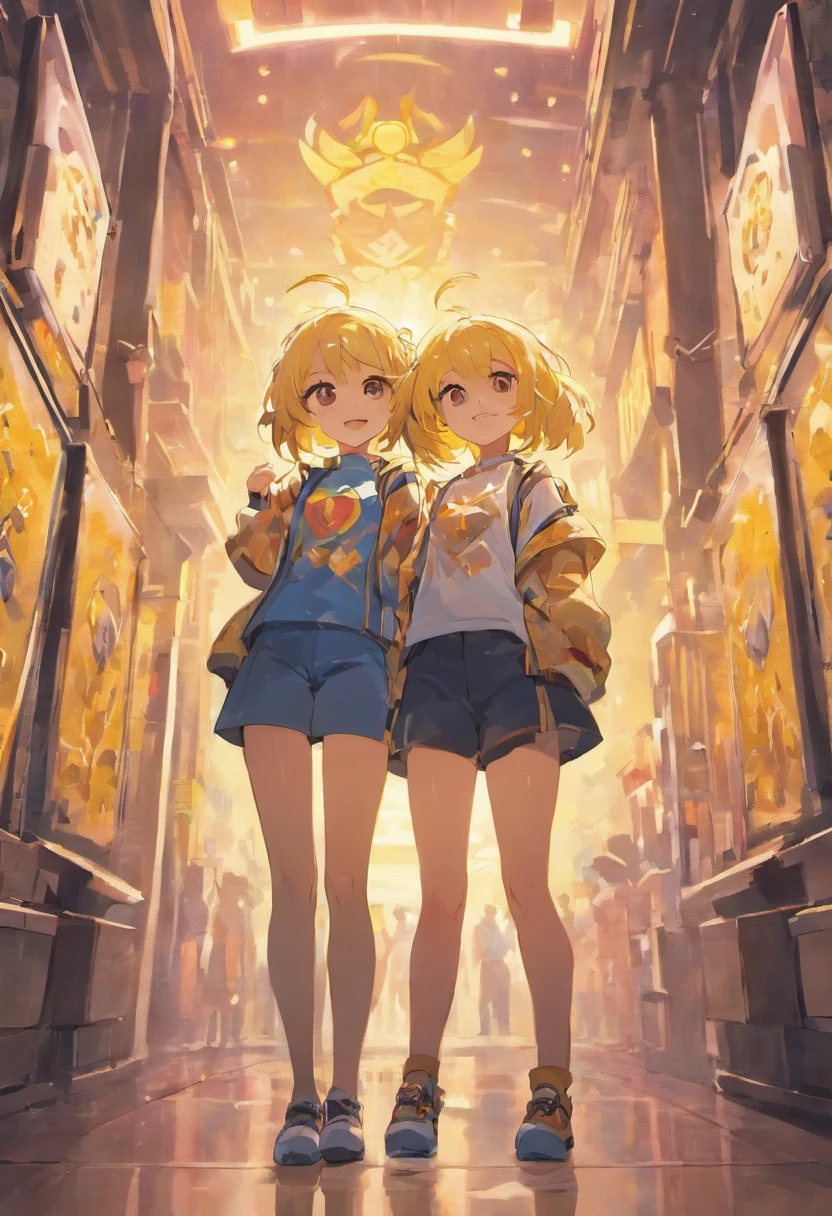 a couple of anime characters standing next to each other and happily posing for a picture (Boy and Girl), a yellow vibrant color pallet, lightly smiley faces, casual clothes, 8k, high quality, ray tracing, looking at the camera, holding phones, portrait shoot