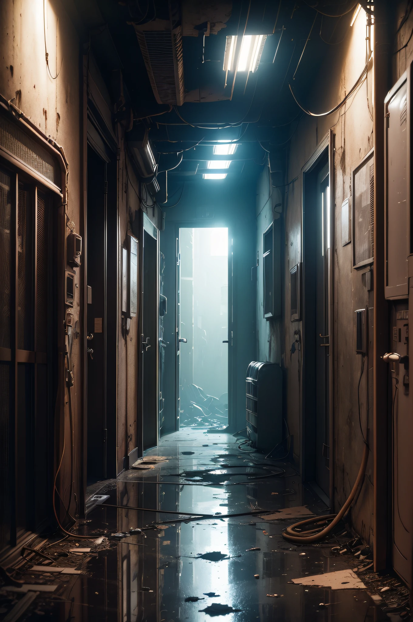 (best quality,4k,8k,highres,masterpiece:1.2),ultra-detailed,cyberpunk,post-apocalyptic,futuristic,industrial,abandoned factory,gloomy atmosphere,wide-angle perspective,muted colors,decaying walls,rusty pipes,dusty air,cracked windows,scattered debris,mannequins covered in dust,dimly lit room,lonely feeling,desolation,mysterious ambiance,ominous shadows,dilapidated machinery,overgrown plants,graffiti on the walls,smudged graffiti,puddles on the floor,crumbling floor tiles,electrical sparks,sound of dripping water,flickering lights,cables hanging from the ceiling,muted sunlight seeping through the broken windows,red emergency lights,echoing footsteps,metallic echoes,reflection of neon lights,deserted hallways,warning signs,steampunk aesthetics,gritty textures,grungy vibe,abandoned workstations,cybernetic implants,exposed circuitry,tangled wires,obsolete technology,smoke and steam,vintage control panels,hidden secrets,uncharted territories,unseen dangers,unforgiving environment,wonder and curiosity,unearthly presence,claustrophobic atmosphere,unpredictable events.