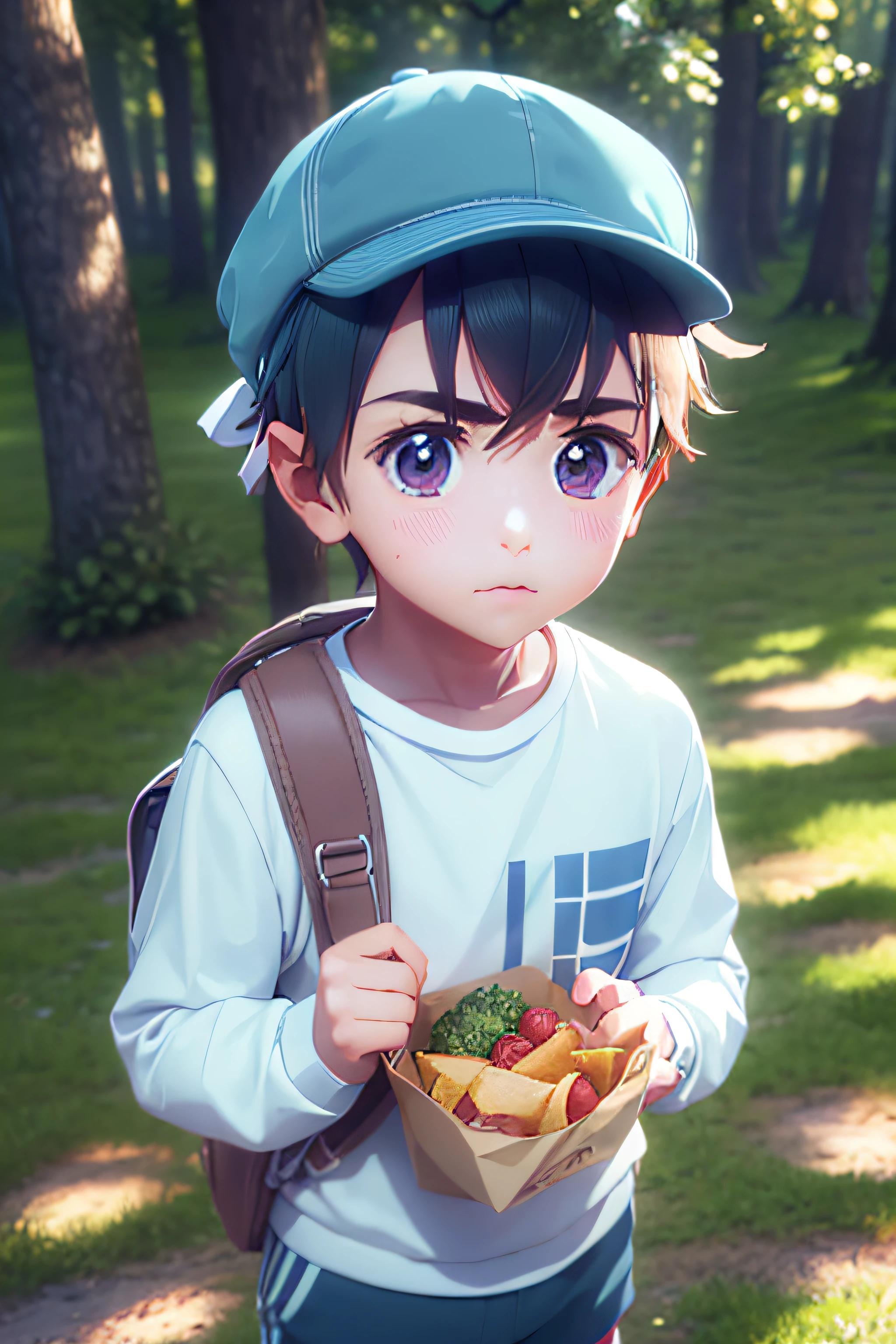 best quality, (masterpiece),(ultra-detailed), (high quality), (high resolution),1boy, bag, blue shorts, blush stickers, brown hair, chibi, hat, holding food, long sleeves, luke triton, male child, male focus, messenger bag, poking, shorts, shoulder bag, suspenders, sweater, white background