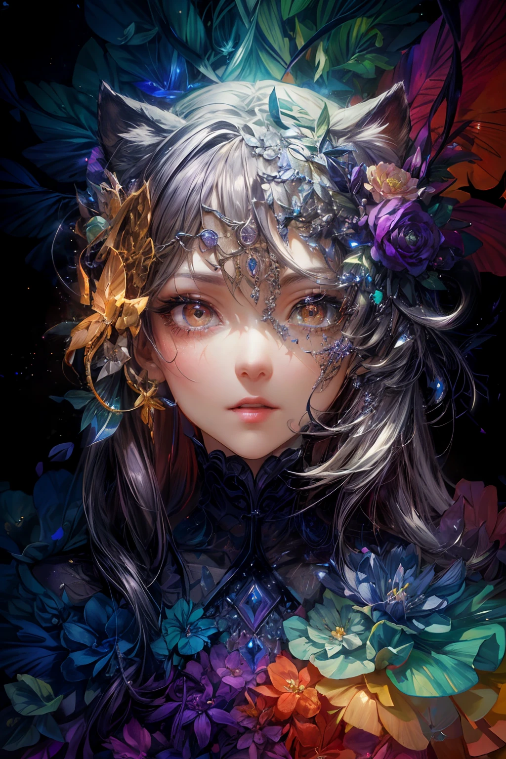 beautiful countenance、beautidful eyes、Super masterpiece、Insanely detailed infographic drawings、neons 、odd eye、Glitter cat ears、Blonde Girl Cyberpunk Vast Photography Breaktree Production Art、Fractal Art 、Lots of black and silver、Intricate purple details、Volumetric lighting、BREAK Realism(​master piece: 1.2) , (Top image quality), 4K, The ultra-detailliert, (dynamic compositions: 1.4), high detailing, Colorful Detail, (Irridescent color: 1.2), (Bright lighting, Atmospheric lighting), dream-like, Magical, (独奏: 1.2)