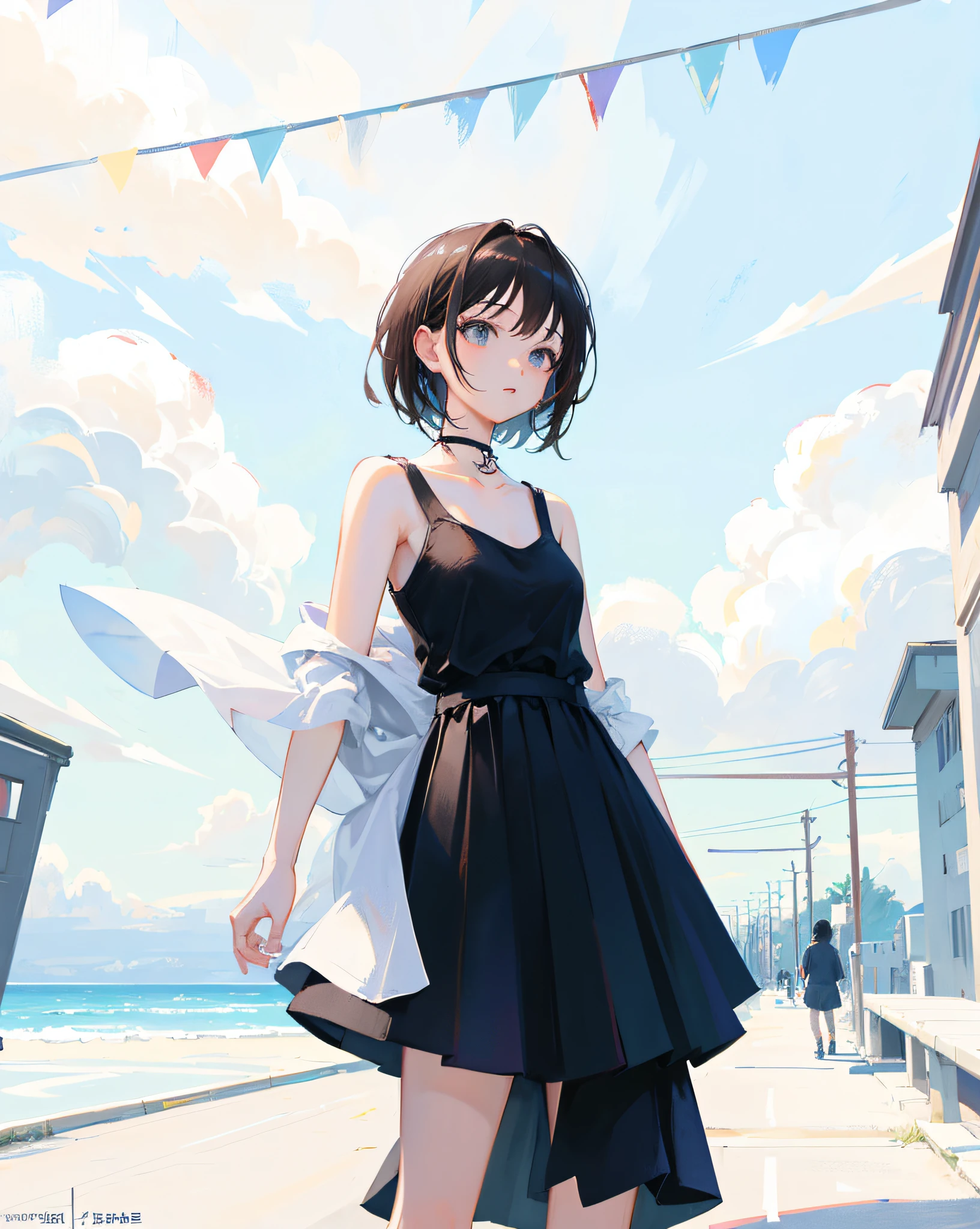 (Realistic painting style:1.0), Masterpiece, Best quality, absurderes, comic strip, illustration,
1 girl, medium hair, cute girl, young and cute girl, Korean girl, {Breasts}, kuan17,
a girl in black top and grey skirt standing on street, wearing black camisole outfit, cute kawaii girl, photo of slim girl model, wearing a chocker, simple clothes, simple clothing, blue sky, sexy,