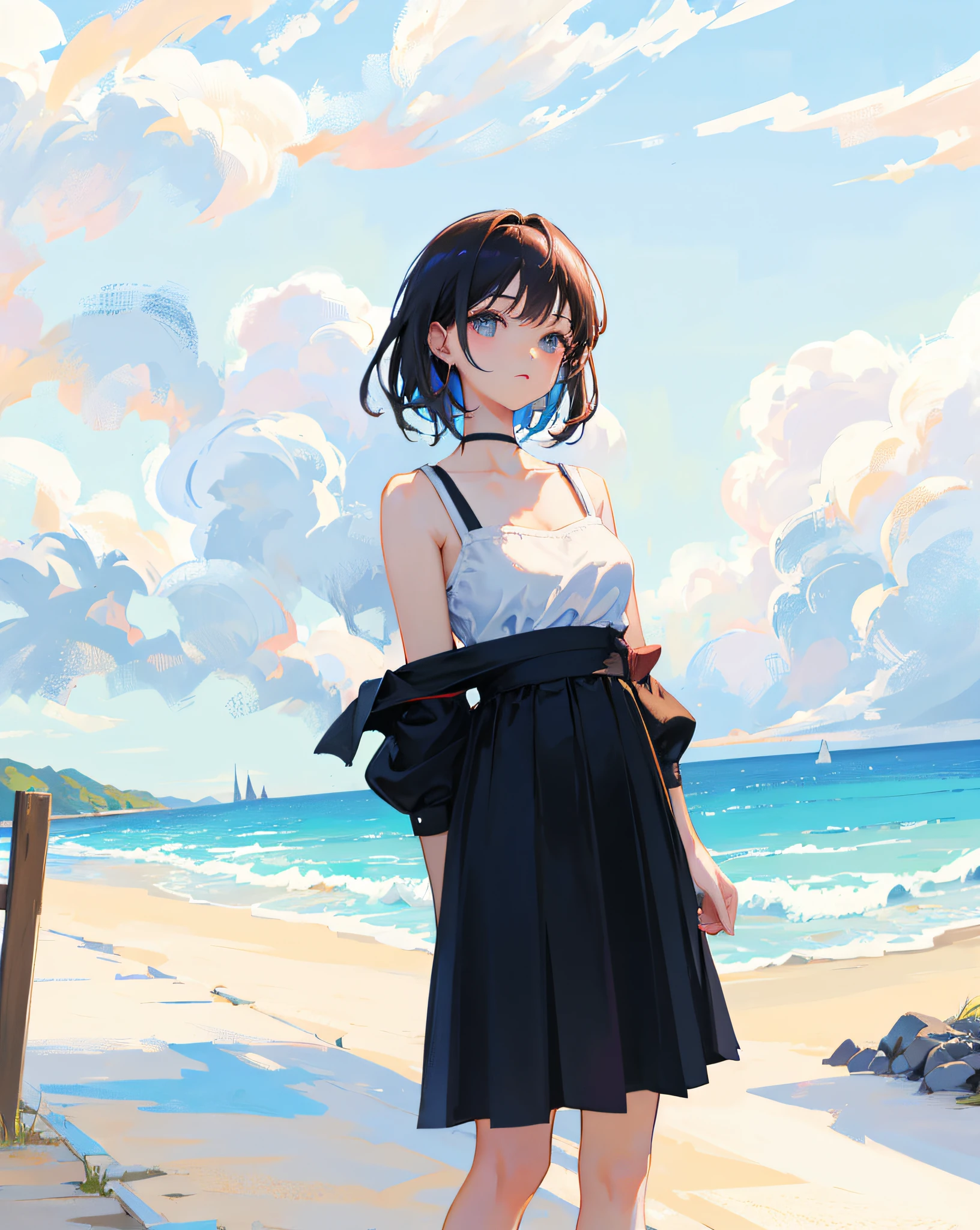 (Realistic painting style:1.0), Masterpiece, Best quality, absurderes, comic strip, illustration,
1 girl, medium hair, cute girl, young and cute girl, Korean girl, {Breasts}, kuan17,
a girl in black top and grey skirt standing on street, wearing black camisole outfit, cute kawaii girl, photo of slim girl model, wearing a chocker, simple clothes, simple clothing, blue sky, sexy,