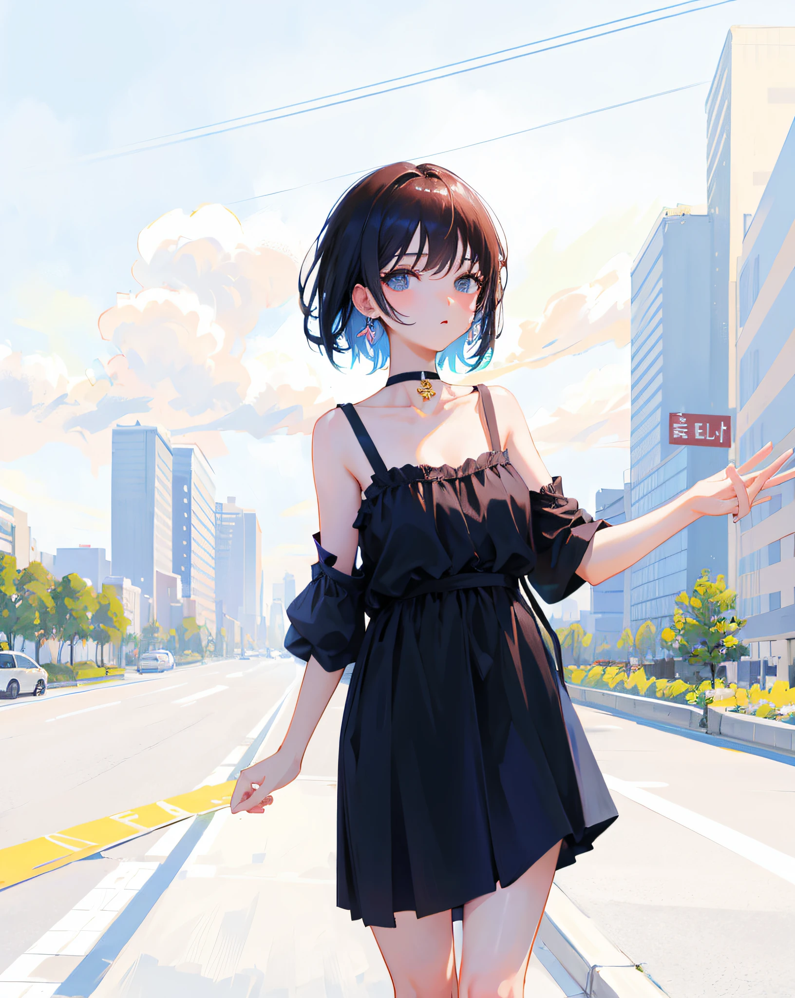 (Realistic painting style:1.0), Masterpiece, Best quality, absurderes, comic strip, illustration,
1 girl, medium hair, cute girl, young and cute girl, Korean girl, {Breasts}, kuan17,
a girl in black top and grey skirt standing on street, wearing black camisole outfit, cute kawaii girl, photo of slim girl model, wearing a chocker, simple clothes, simple clothing, blue sky, sexy,
