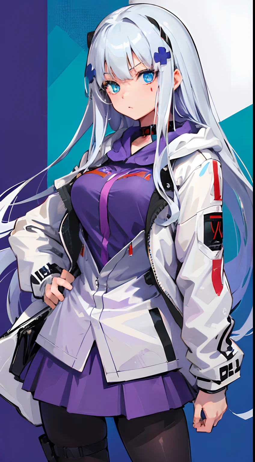 (((Best quality))), 1girl, Long hair, white hair, blue eyes, purple hoodie, detailed background, looking at viewer, white jacket, tall, medium breasts, HK416Clukay, skirt, pantyhose, standing,