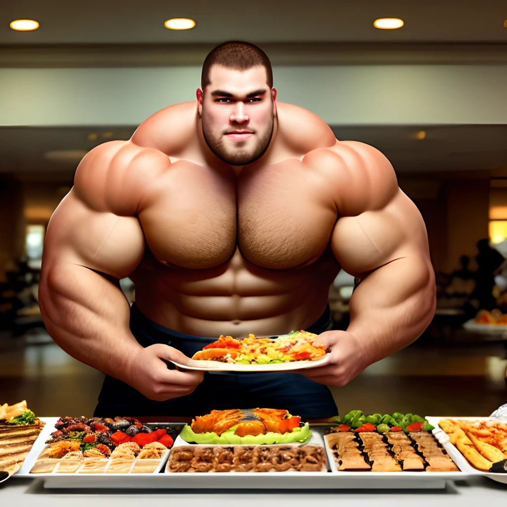  foot tall superheavyweight bodybuilder eating a buffet