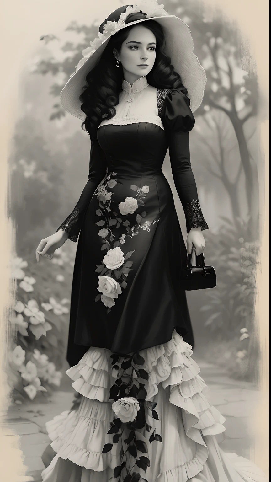 Transport yourself to a bygone era with this exquisite prompt. Imagine a beautiful lady, elegantly posed in a garden, wearing a large floral hat that adds a touch of whimsy to the scene. The fine art painting captures every detail of her attire and surroundings, bringing the 1900s to life in vivid color and style, Atlanta burning, gone with the wind
