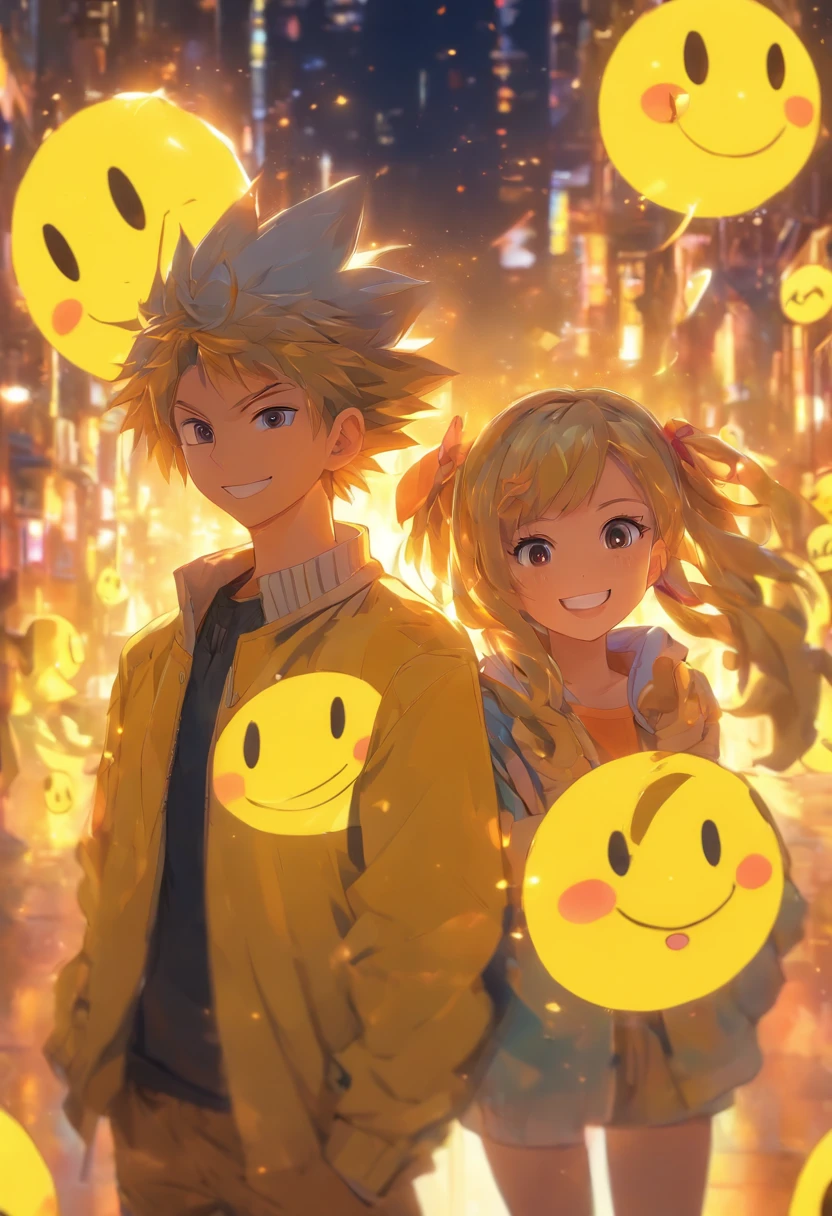 a couple of anime characters standing next to each other and happily posing for a picture (Boy and Girl), a yellow vibrant color pallet, lightly smiley faces, casual clothes, 8k, high quality, ray tracing, looking at the camera, holding phones, portrait shoot